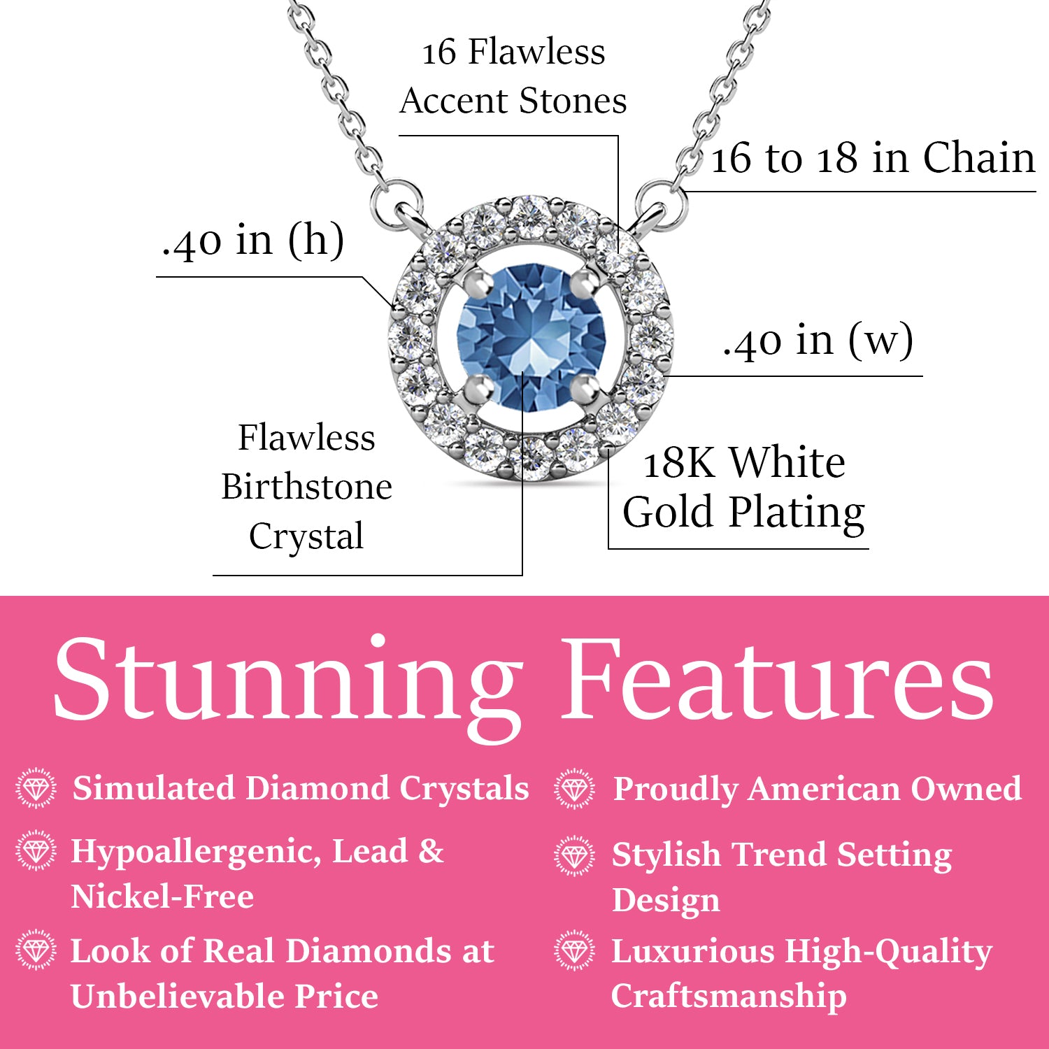 Royal December Birthstone Blue Topaz Necklace, 18k White Gold Plated Silver Halo Necklace with Round Cut Crystal