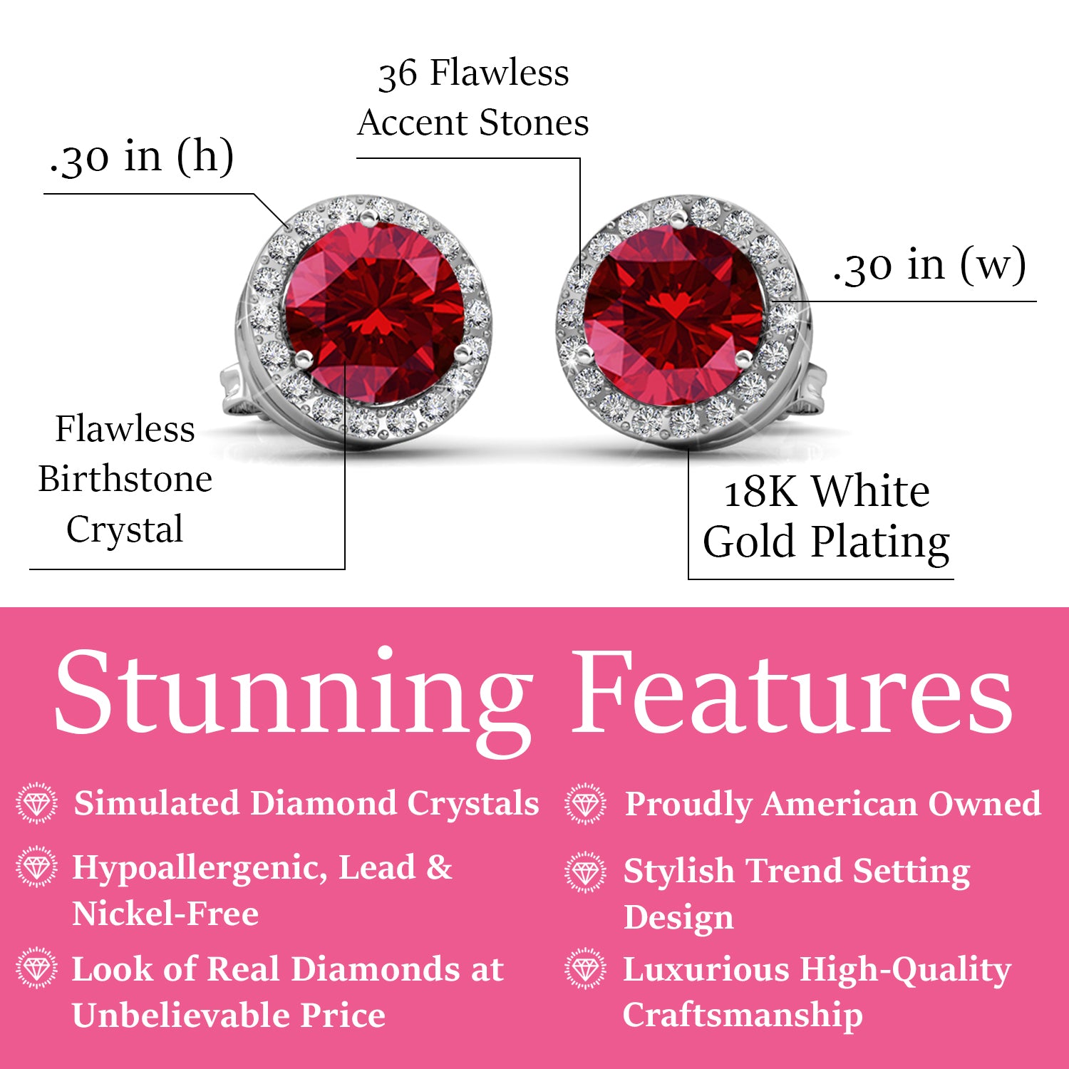 Royal January Birthstone Garnet Earrings, 18k White Gold Plated Silver Halo Earrings with Round Cut Crystals