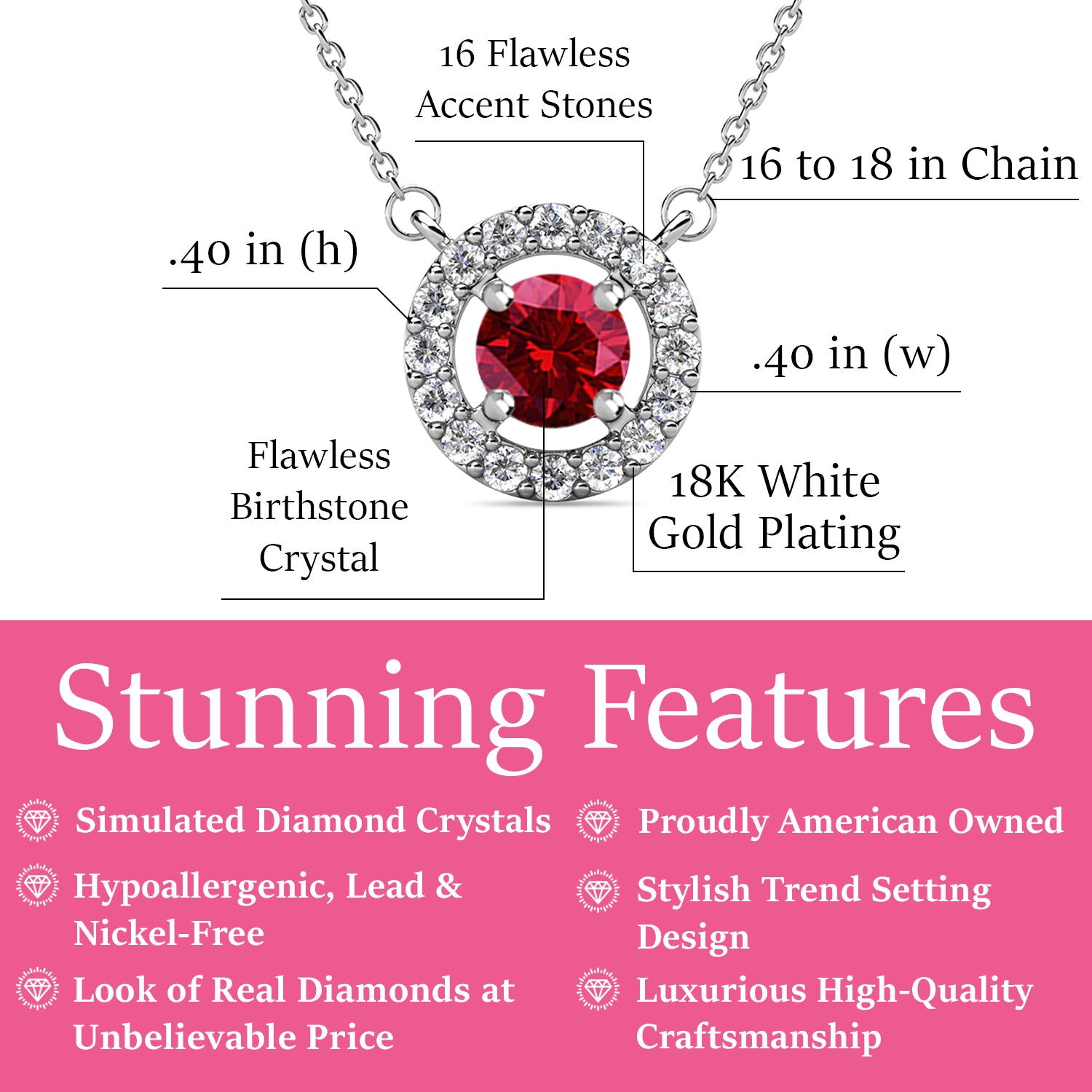 Royal January Birthstone Garnet Necklace, 18k White Gold Plated Silver Halo Necklace with Round Cut Crystal
