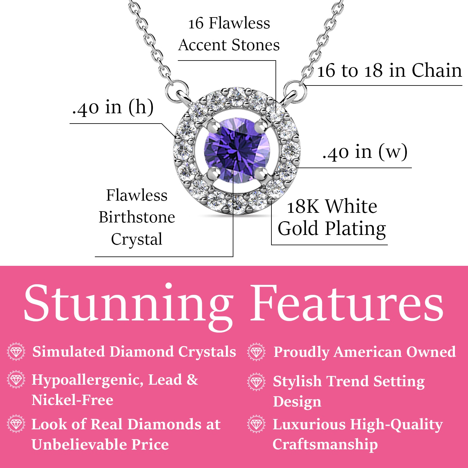 皇家二月生日石紫水晶项链，18k 镀白金银色光环项链，圆形切割水晶