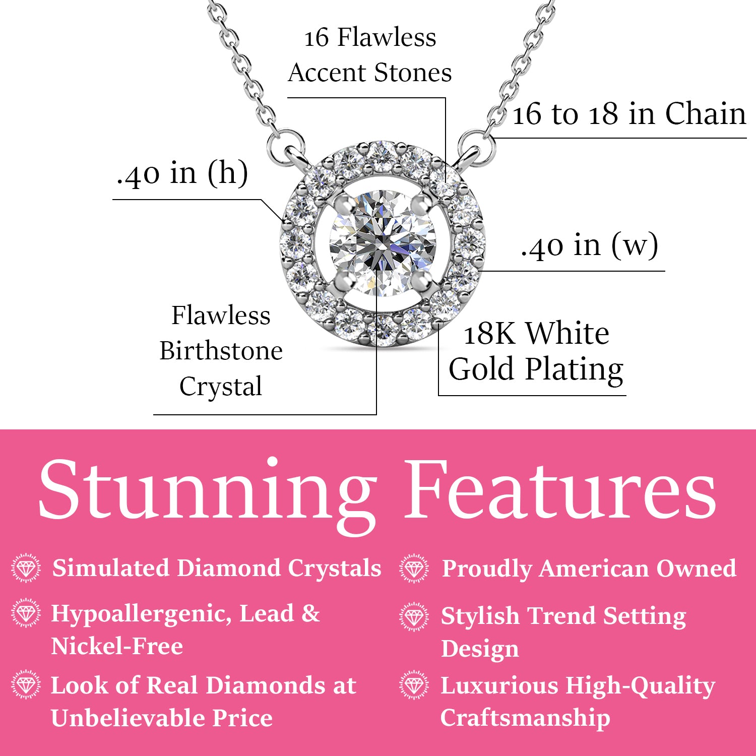 Royal April Birthstone Diamond Necklace, 18k White Gold Plated Silver Halo Necklace with Round Cut Crystal