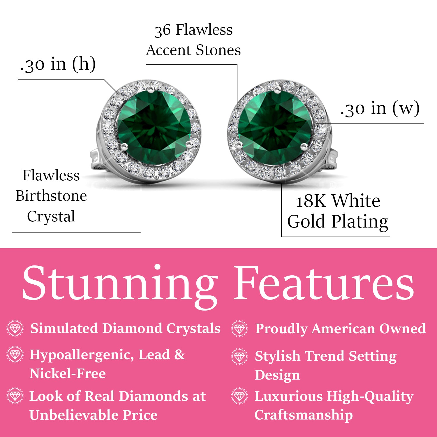 皇家五月生日石祖母绿耳环，镀 18k 白金银色光环耳环，圆形切割水晶