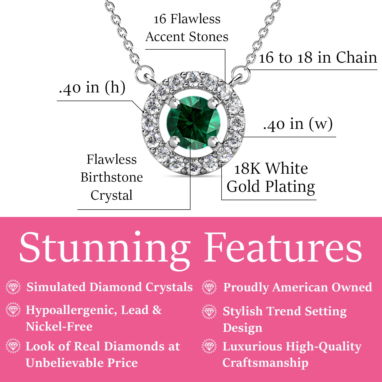 Royal May Birthstone Emerald Necklace, 18k White Gold Plated Silver Halo Necklace with Round Cut Crystal