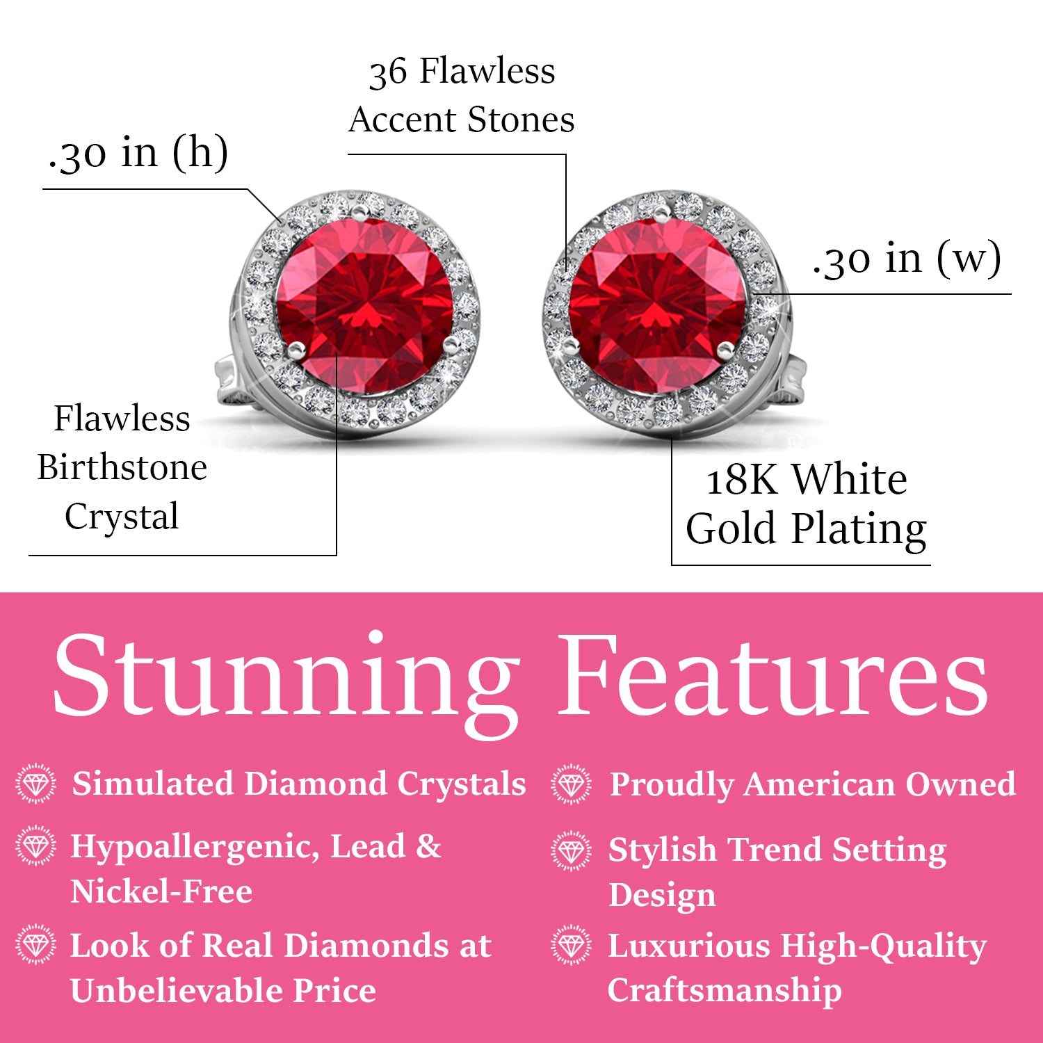 皇家七月生日石红宝石耳环，镀 18k 白金银色光环耳环，带圆形切割水晶
