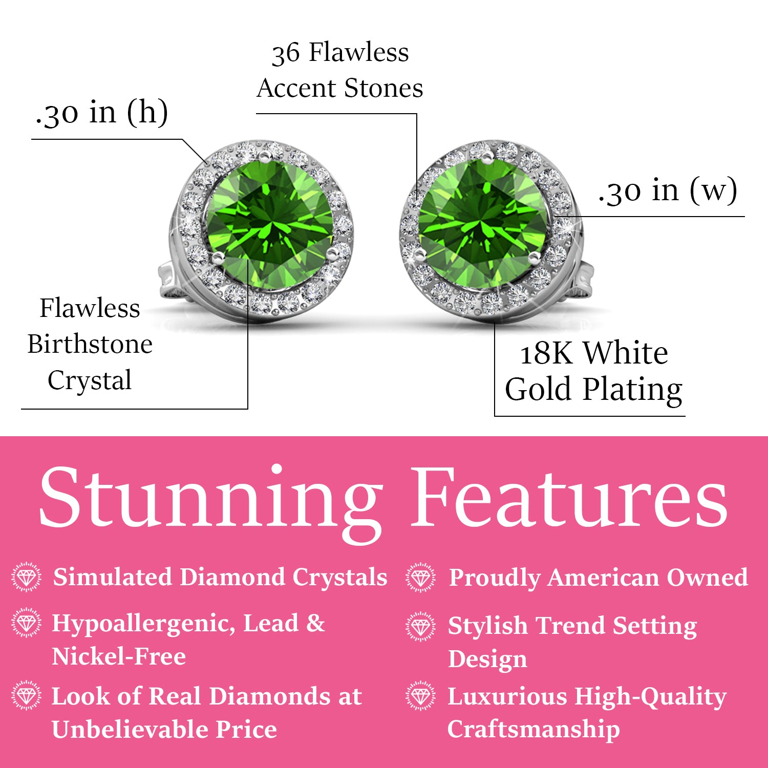 皇家八月诞生石橄榄石耳环，镀 18k 白金银色光环耳环，圆形切割水晶