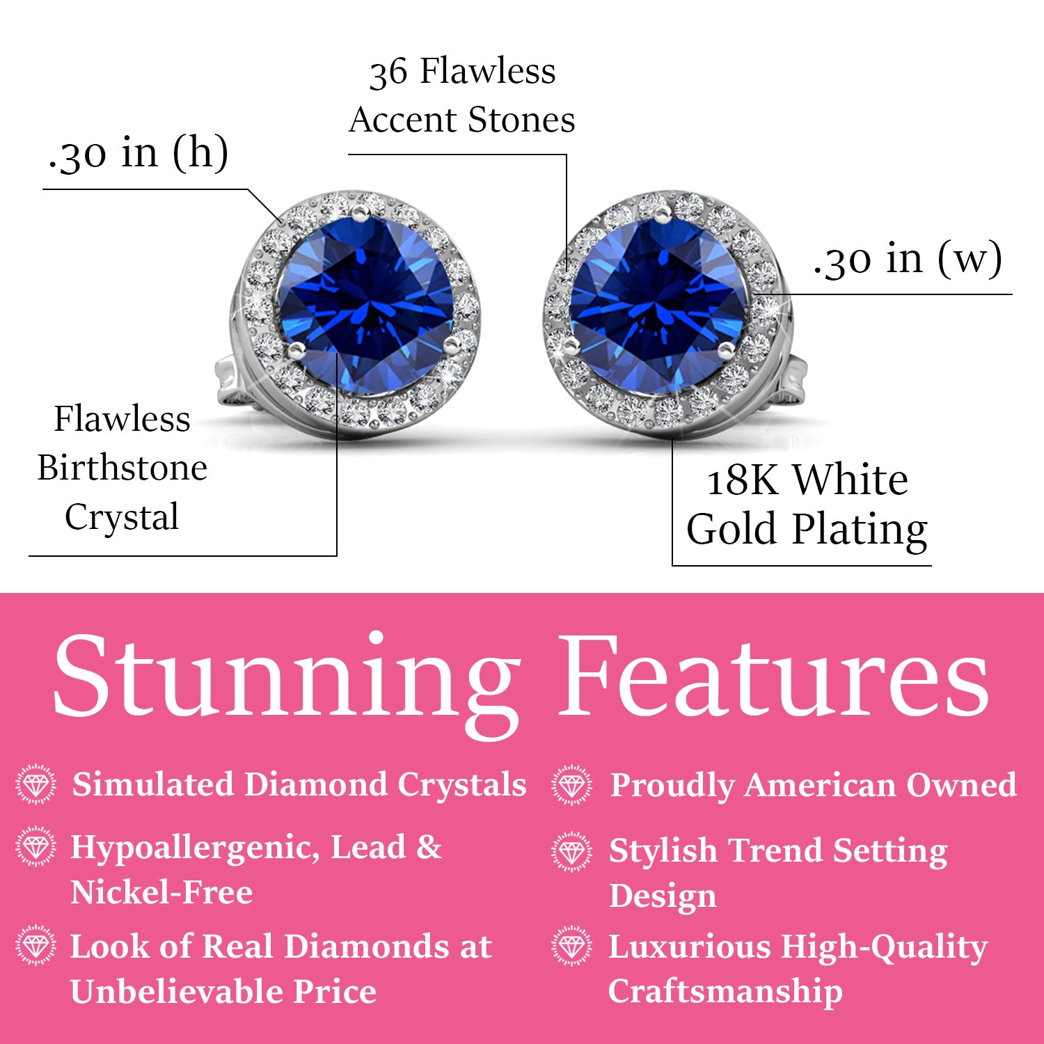 Royal September Birthstone Sapphire Earrings, 18k White Gold Plated Silver Halo Earrings with Round Cut Crystals