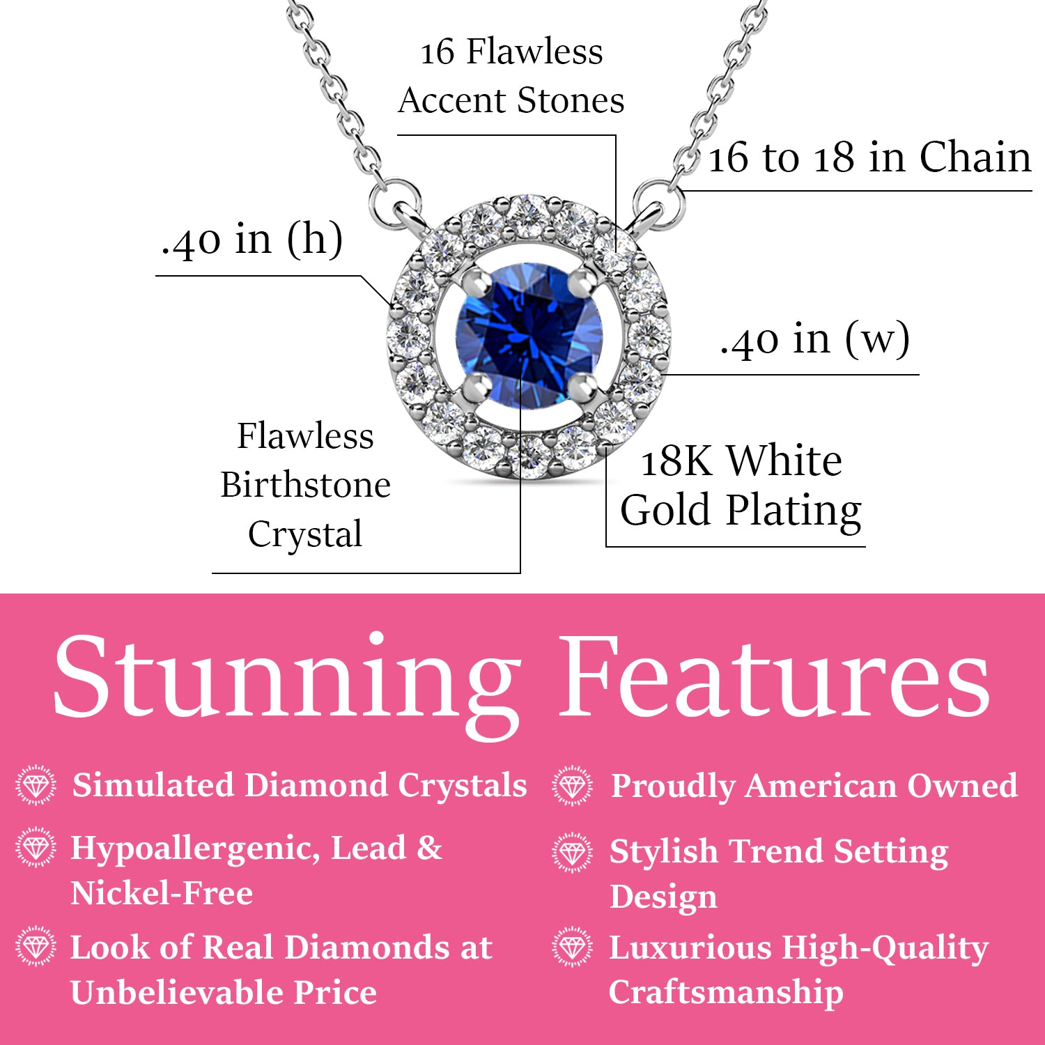 Royal September Birthstone Sapphire Necklace, 18k White Gold Plated Silver Halo Necklace with Round Cut Crystal