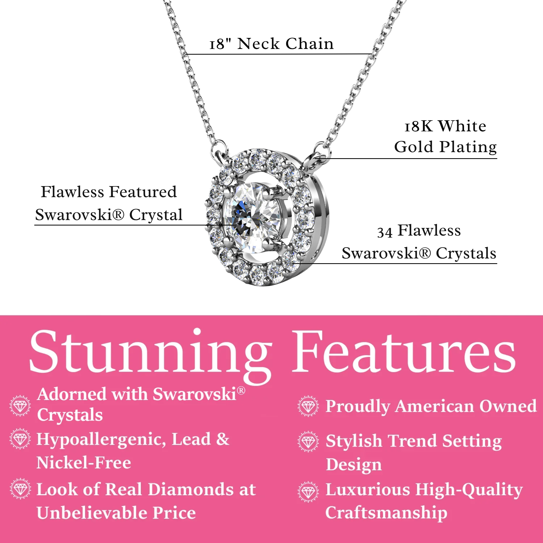 Royal Birthstone 18k White Gold Plated Halo Necklace with Round Cut Swarovski Crystals