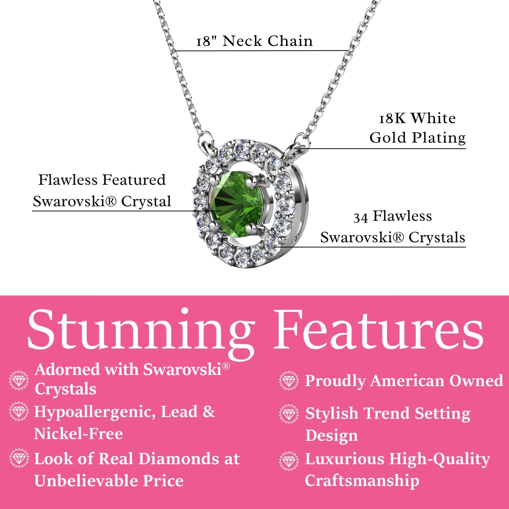 Royal Birthstone 18k White Gold Plated Halo Necklace with Round Cut Swarovski Crystals