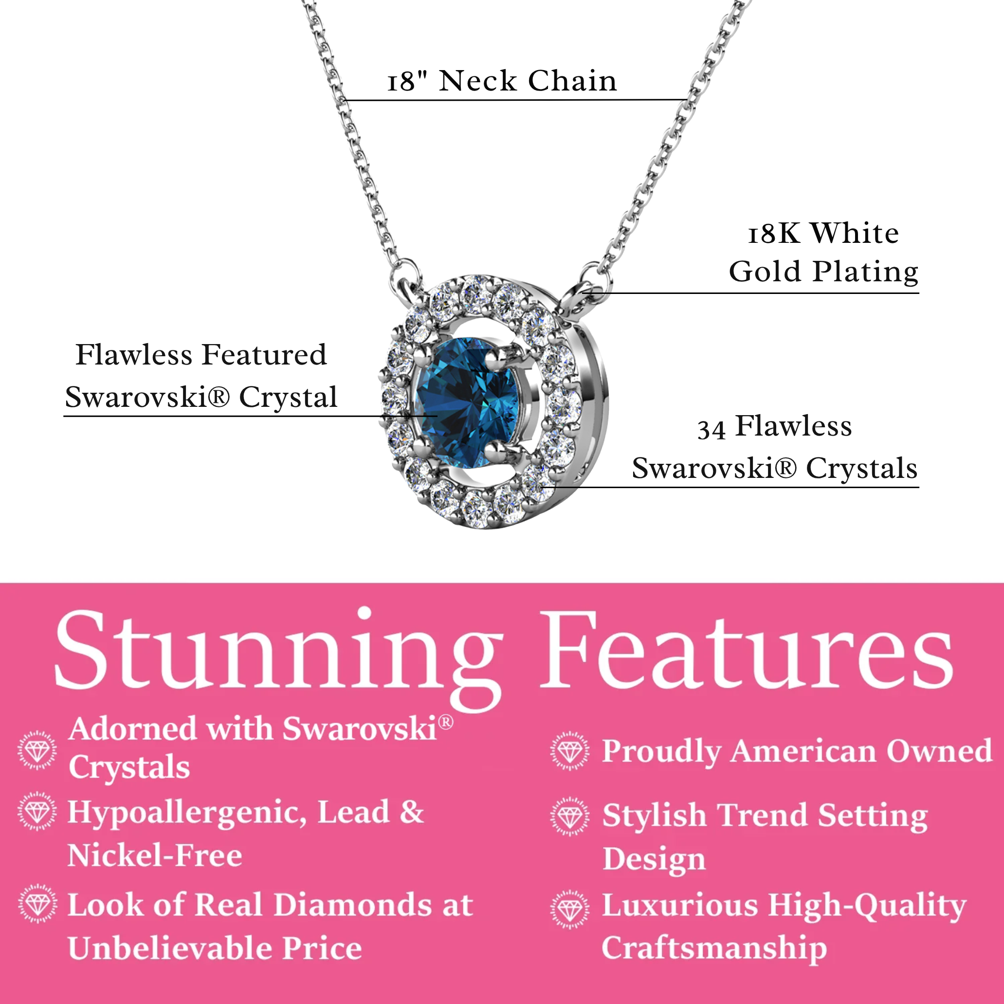 Royal Birthstone 18k White Gold Plated Halo Necklace with Round Cut Swarovski Crystals
