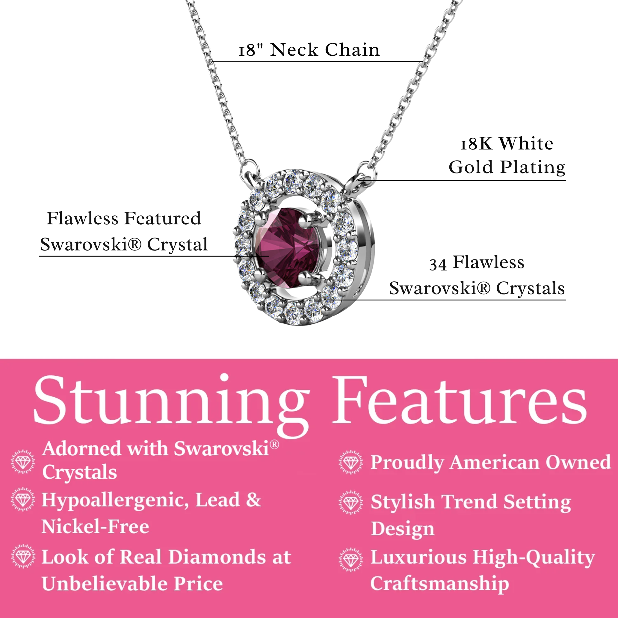 Royal Birthstone 18k White Gold Plated Halo Necklace with Round Cut Swarovski Crystals