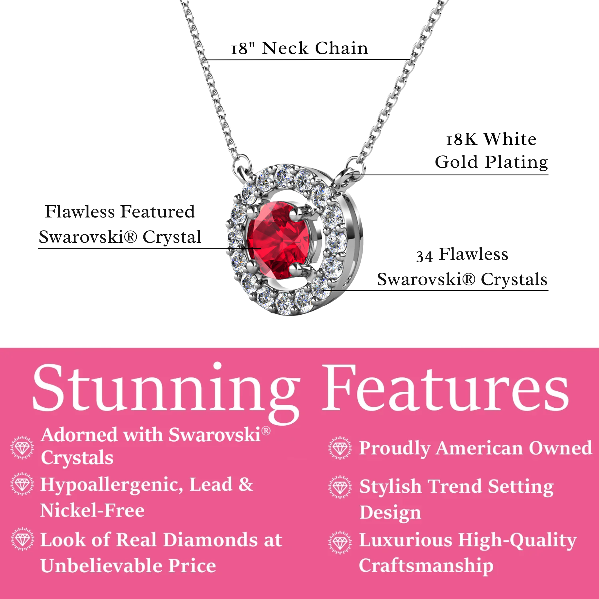 Royal Birthstone 18k White Gold Plated Halo Necklace with Round Cut Swarovski Crystals