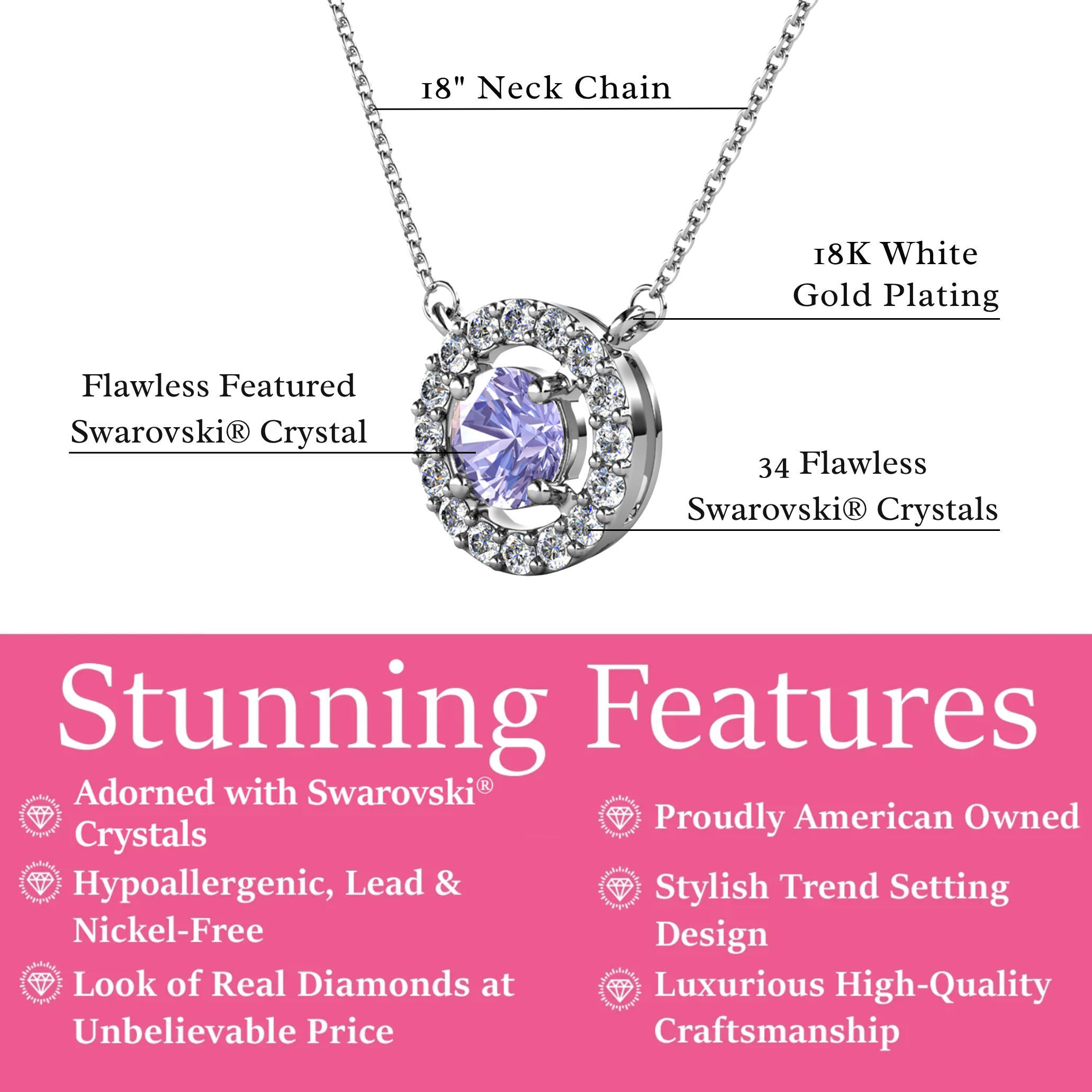 Royal Birthstone 18k White Gold Plated Halo Necklace with Round Cut Swarovski Crystals