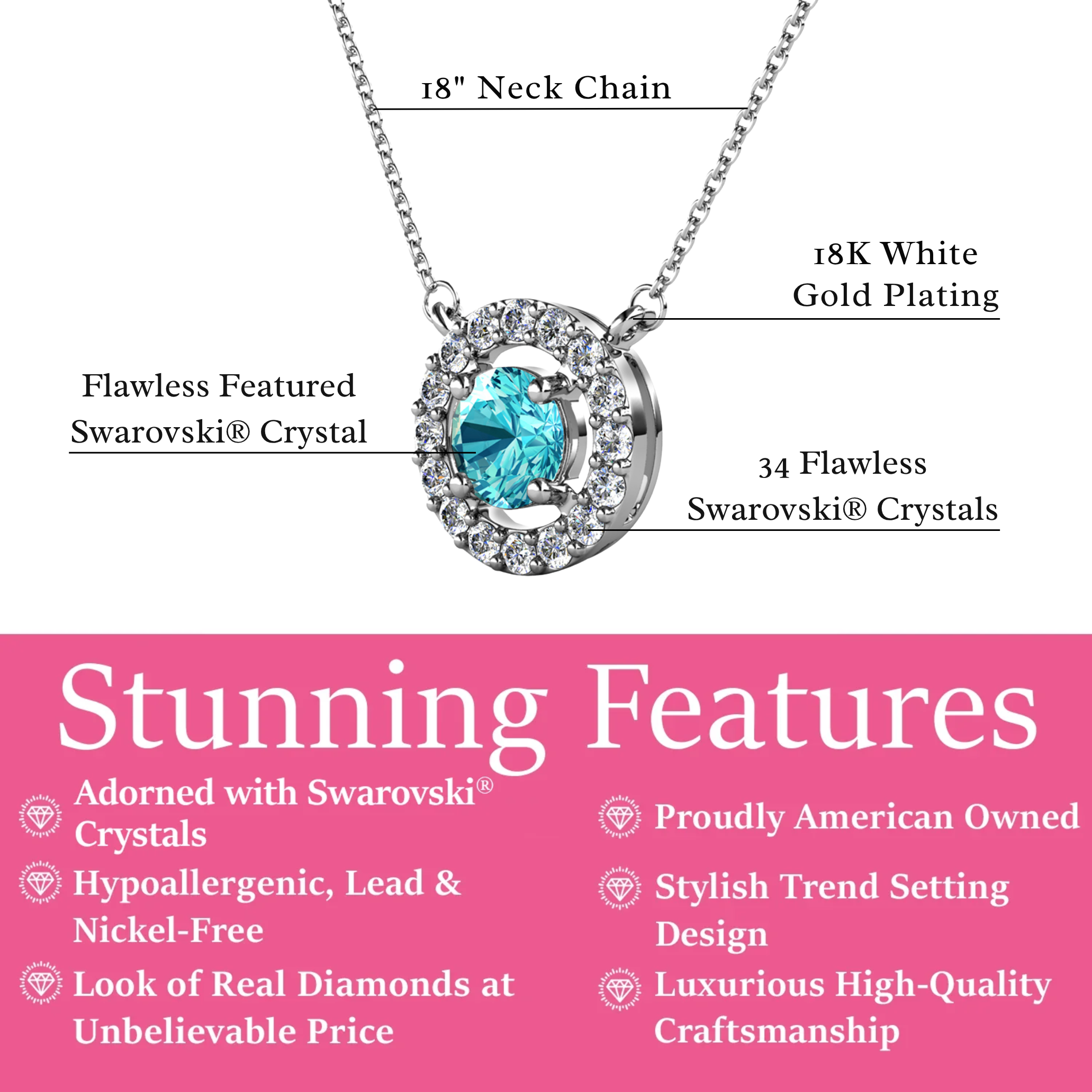 Royal Birthstone 18k White Gold Plated Halo Necklace with Round Cut Swarovski Crystals
