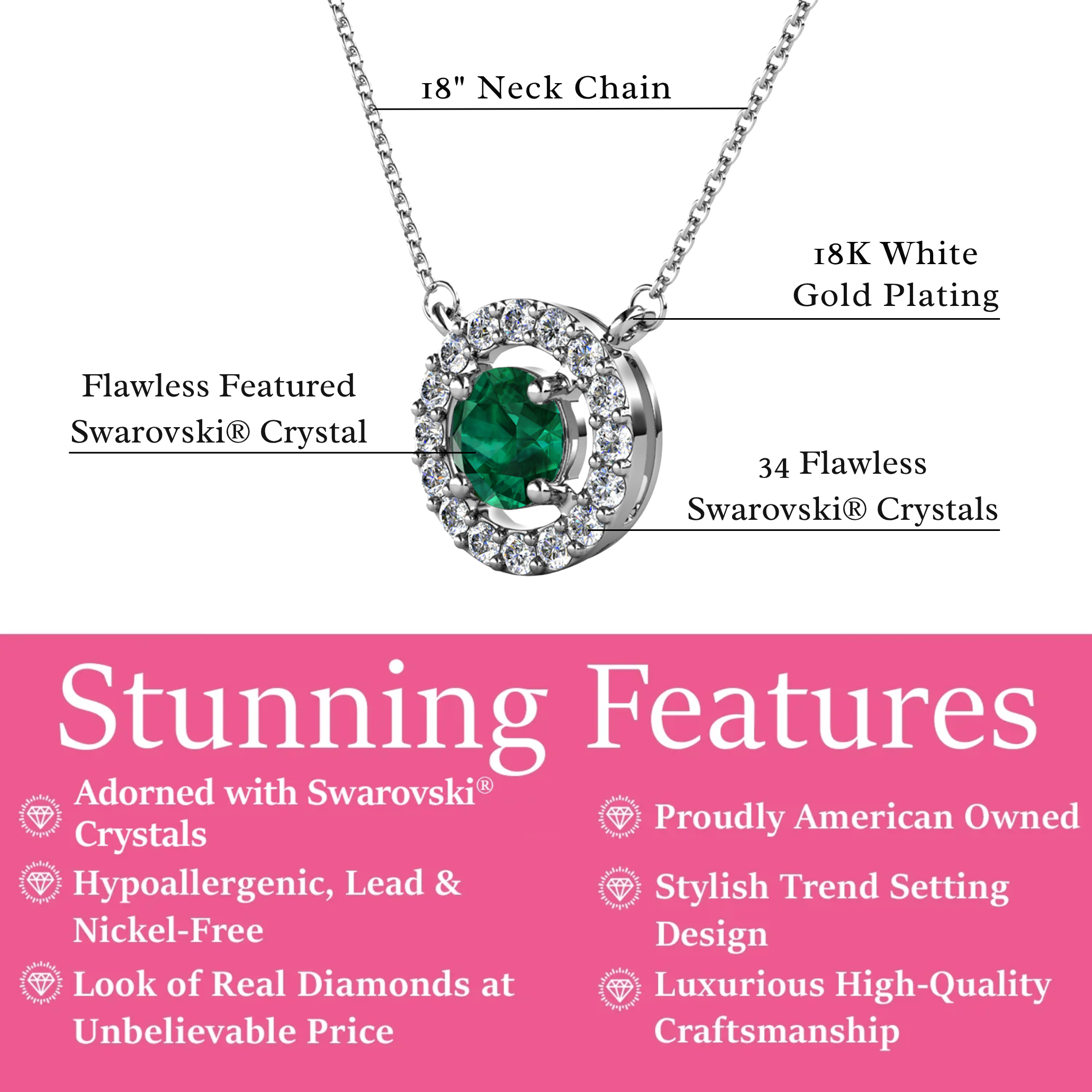 Royal Birthstone 18k White Gold Plated Halo Necklace with Round Cut Swarovski Crystals