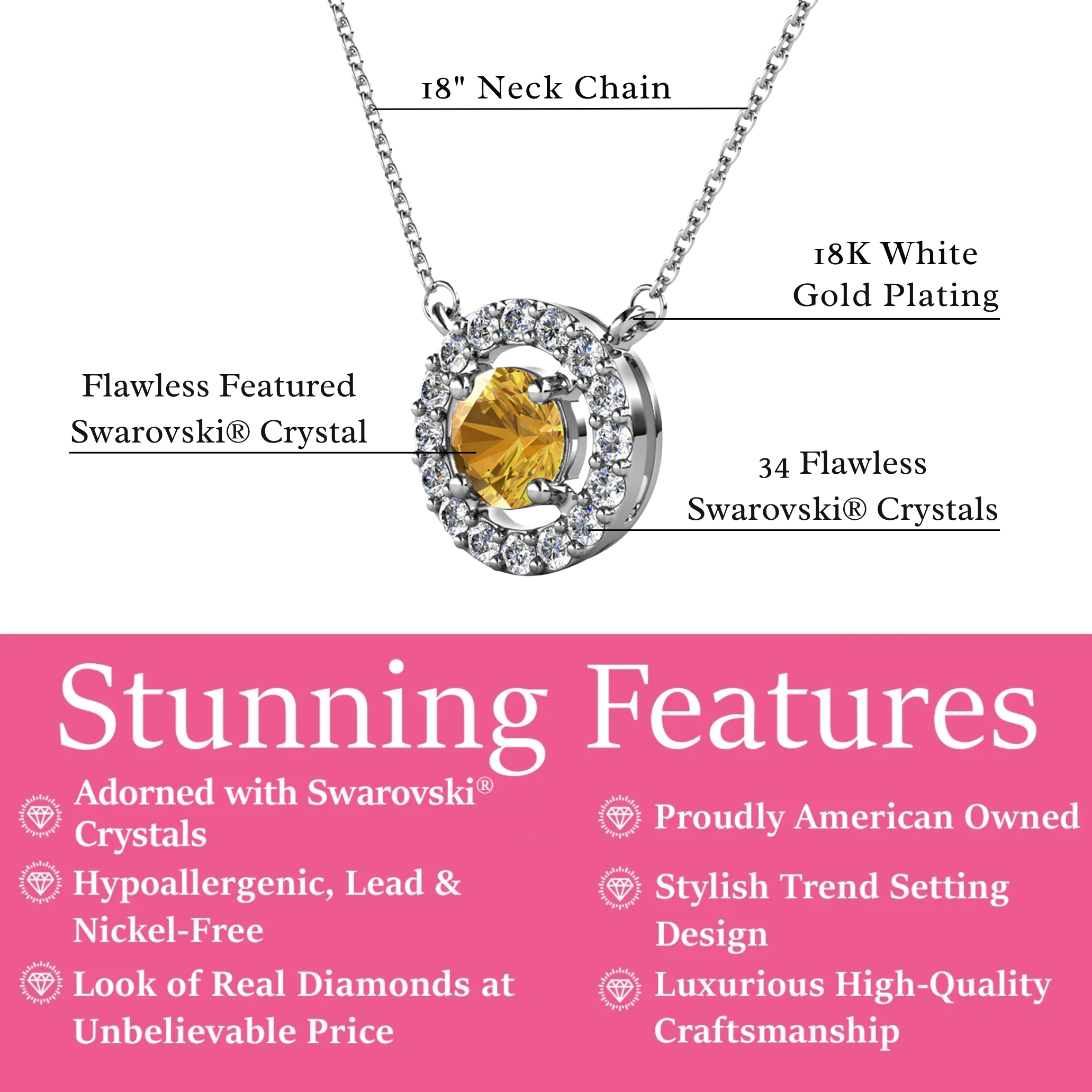 Royal Birthstone 18k White Gold Plated Halo Necklace with Round Cut Swarovski Crystals