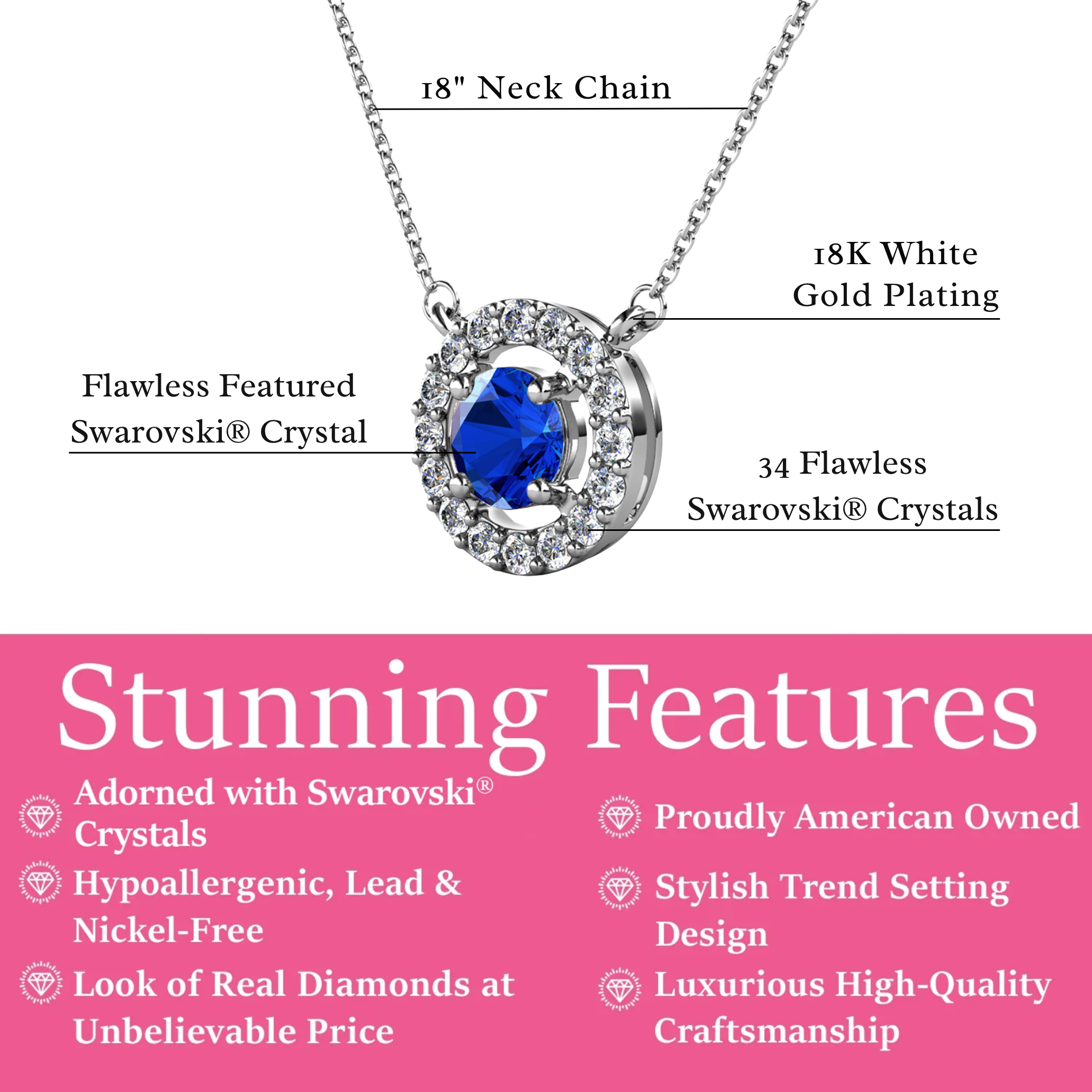 Royal Birthstone 18k White Gold Plated Halo Necklace with Round Cut Swarovski Crystals
