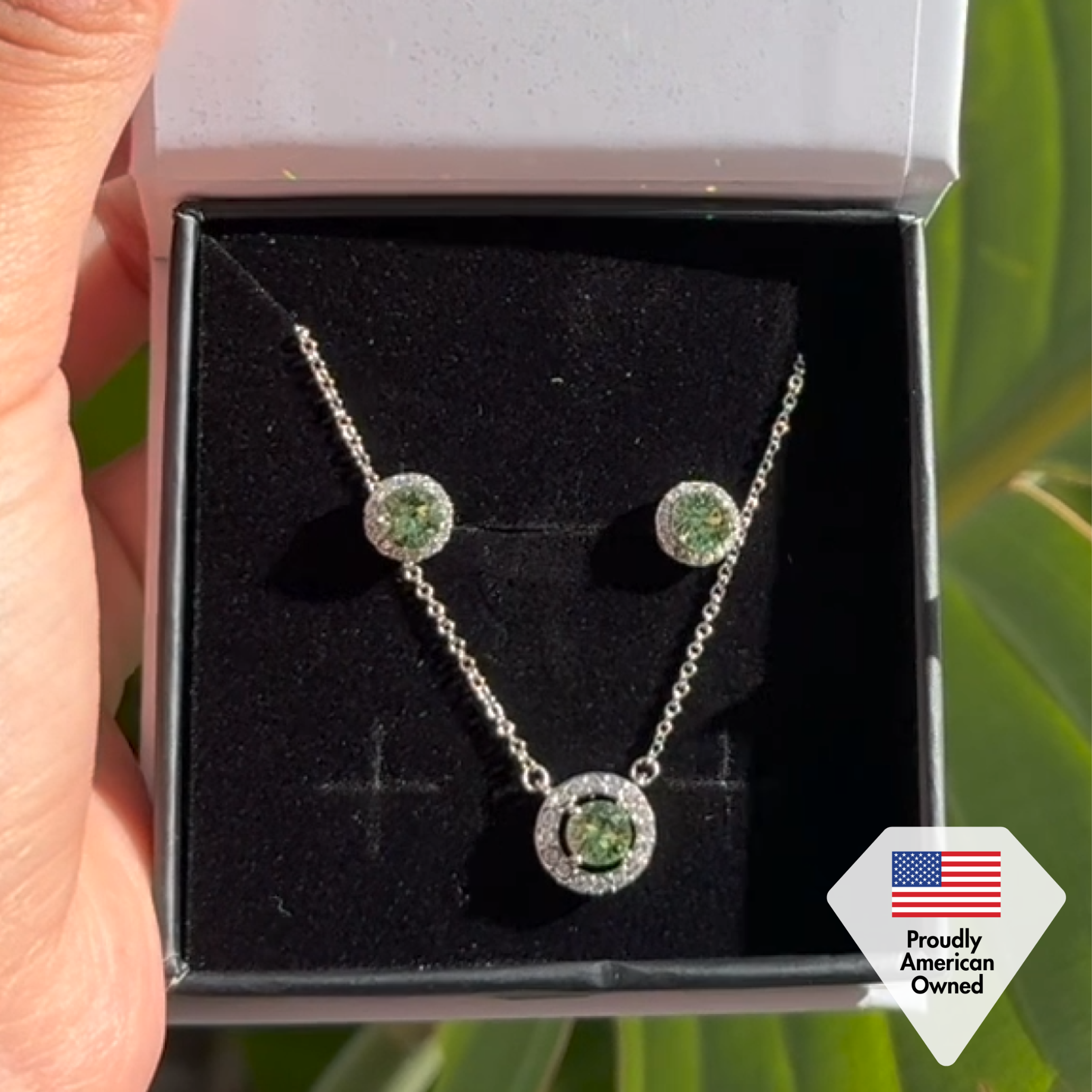 Royal Birthstone 18k White Gold Plated Halo Stud Earrings and Necklace Set with Swarovski Crystals