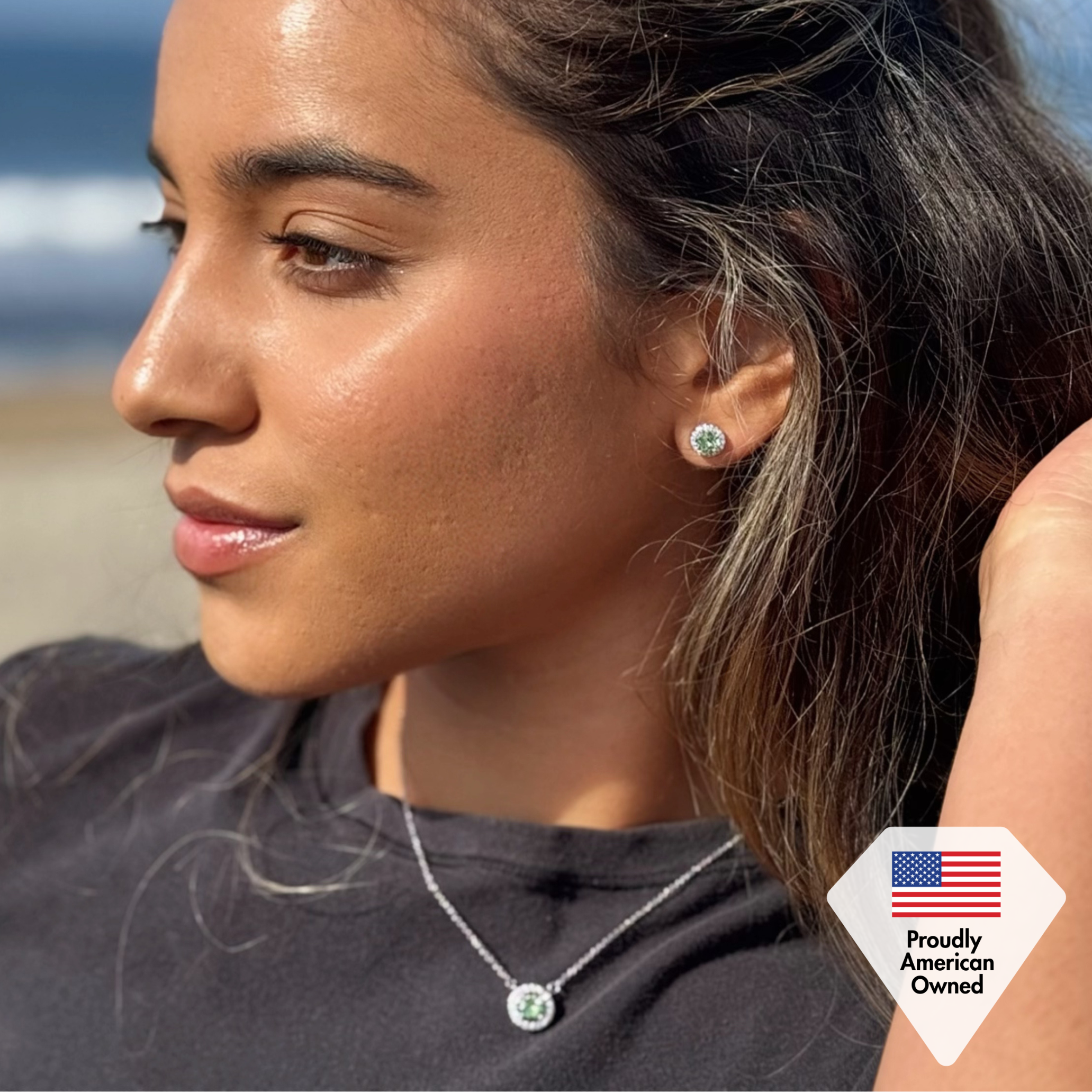 Royal Birthstone 18k White Gold Plated Halo Stud Earrings and Necklace Set with Swarovski Crystals