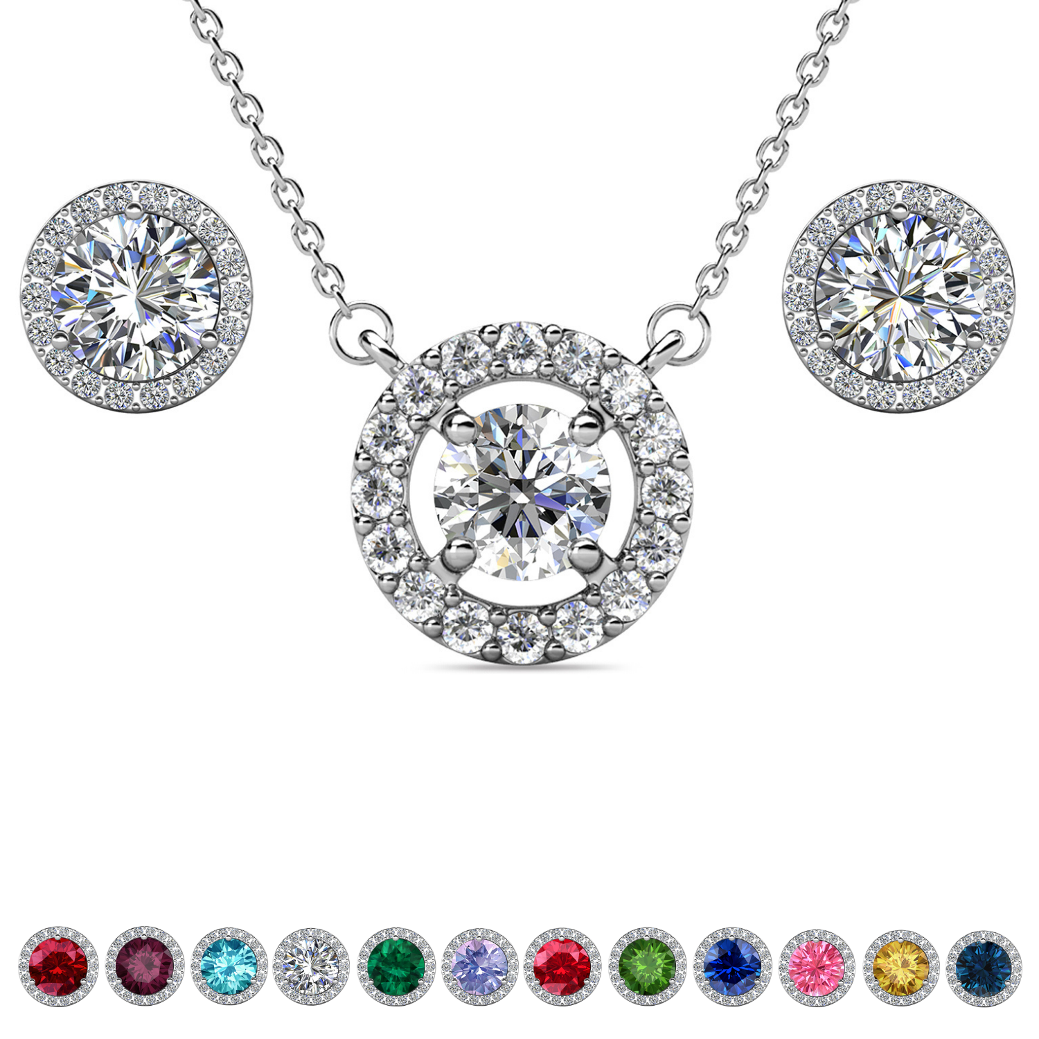 Royal Birthstone 18k White Gold Plated Halo Stud Earrings and Necklace Set with Swarovski Crystals