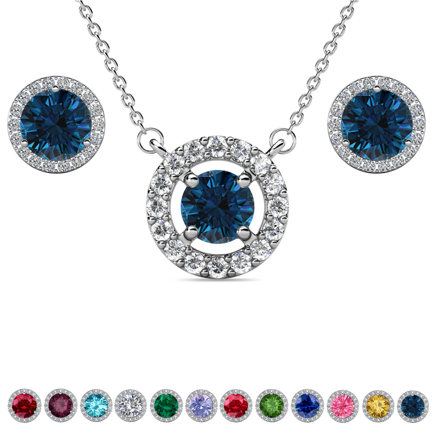 Royal Birthstone 18k White Gold Plated Halo Stud Earrings and Necklace Set with Swarovski Crystals