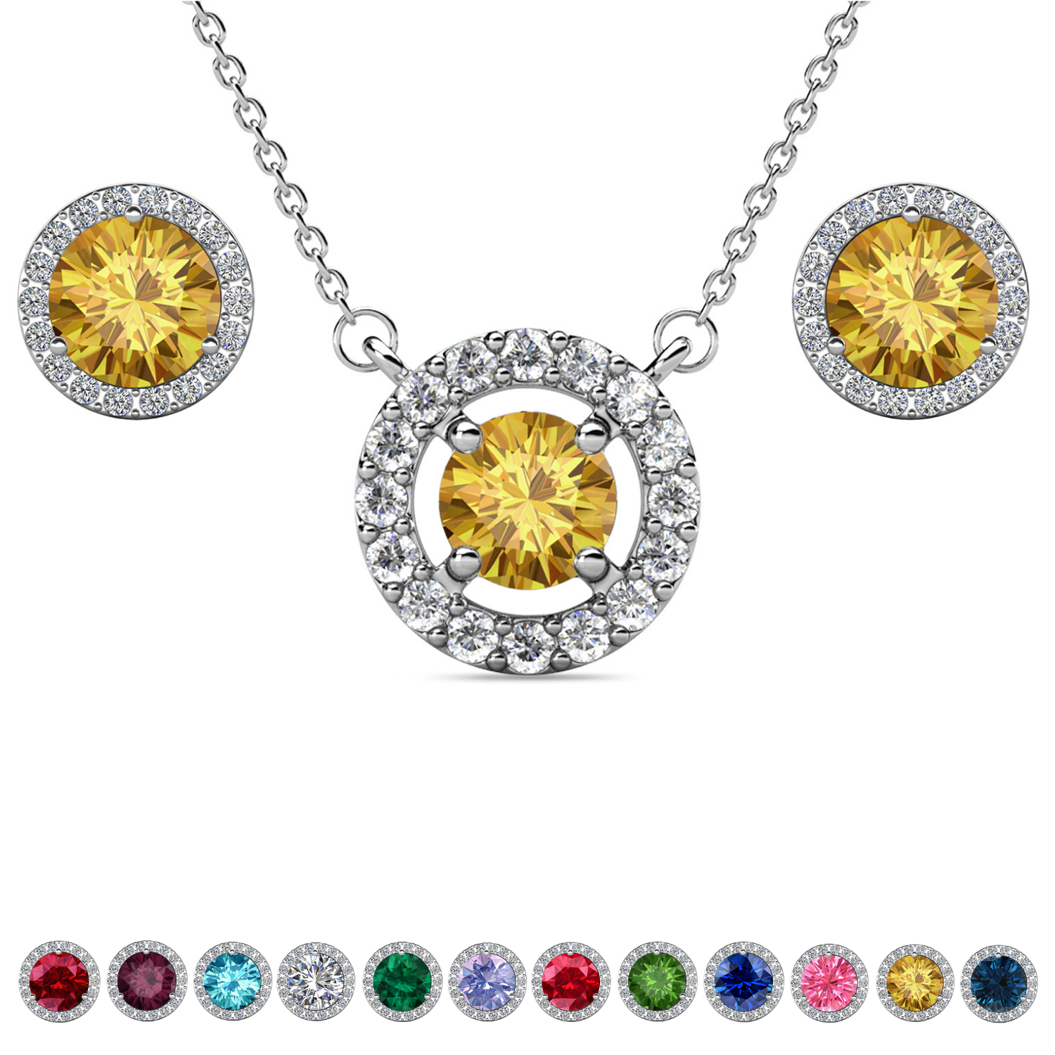 Royal Birthstone 18k White Gold Plated Halo Stud Earrings and Necklace Set with Swarovski Crystals