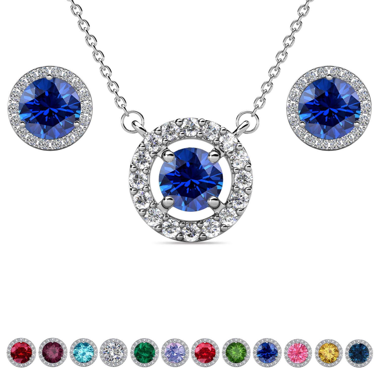 Royal Birthstone 18k White Gold Plated Halo Stud Earrings and Necklace Set with Swarovski Crystals