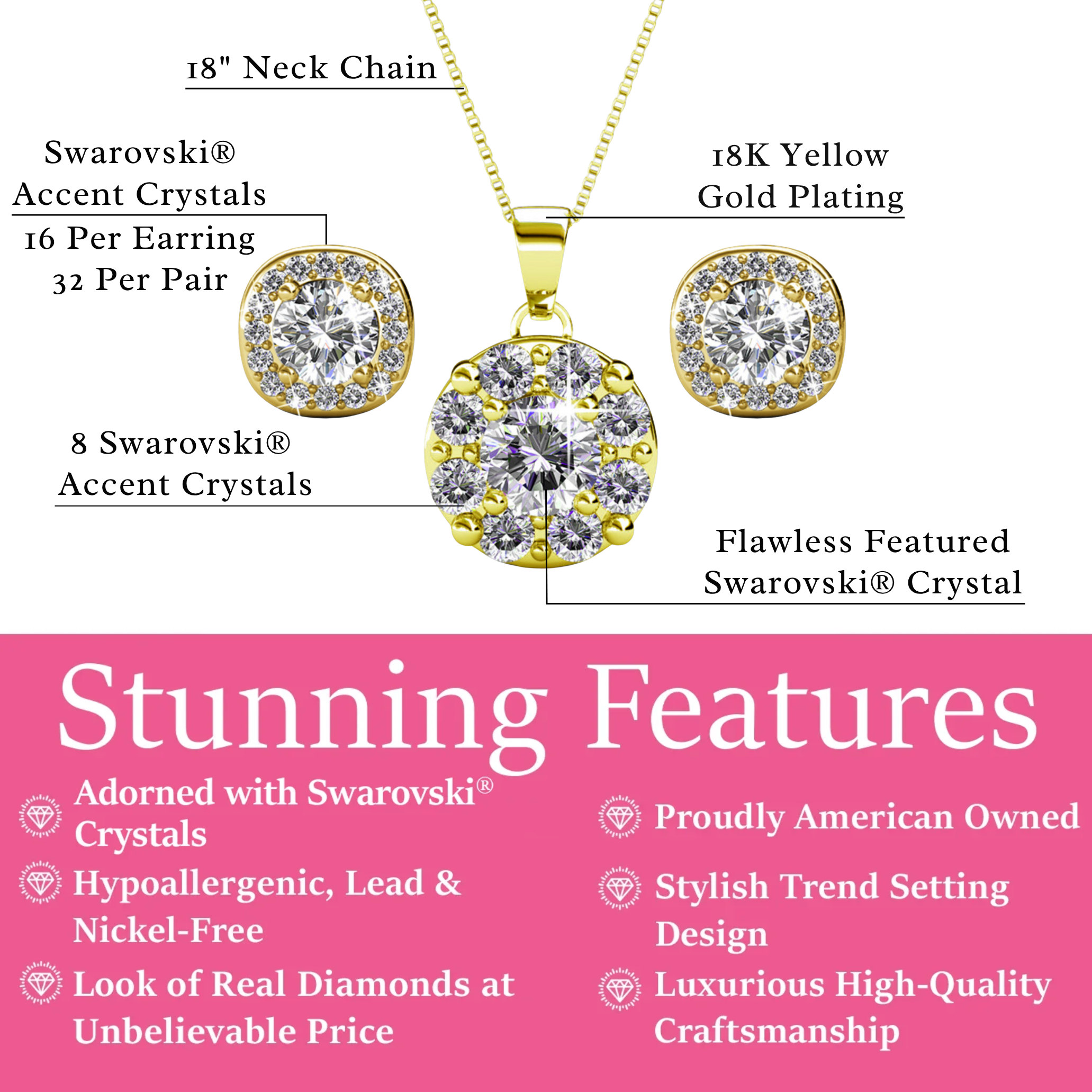 Ruth 18k White Gold Plated Stud Earrings and Necklace Jewelry Set with Swarovski Crystals