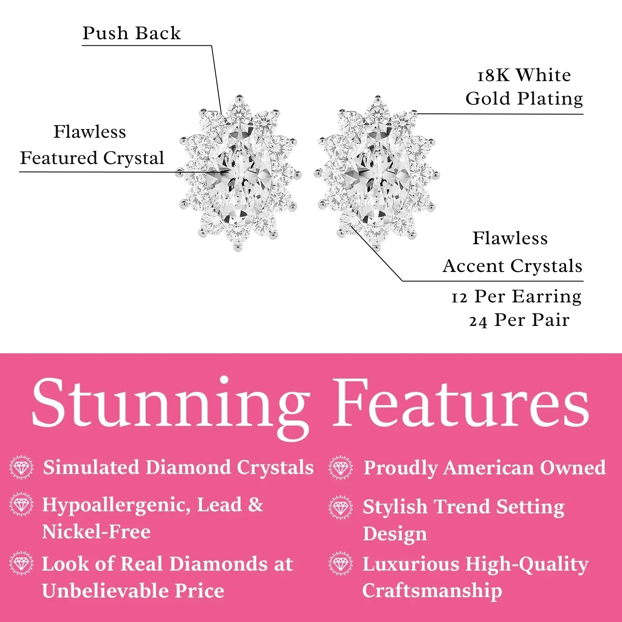 Sage 18k White Gold Plated Stud Earrings with Oval Cut Simulated Diamond Crystals