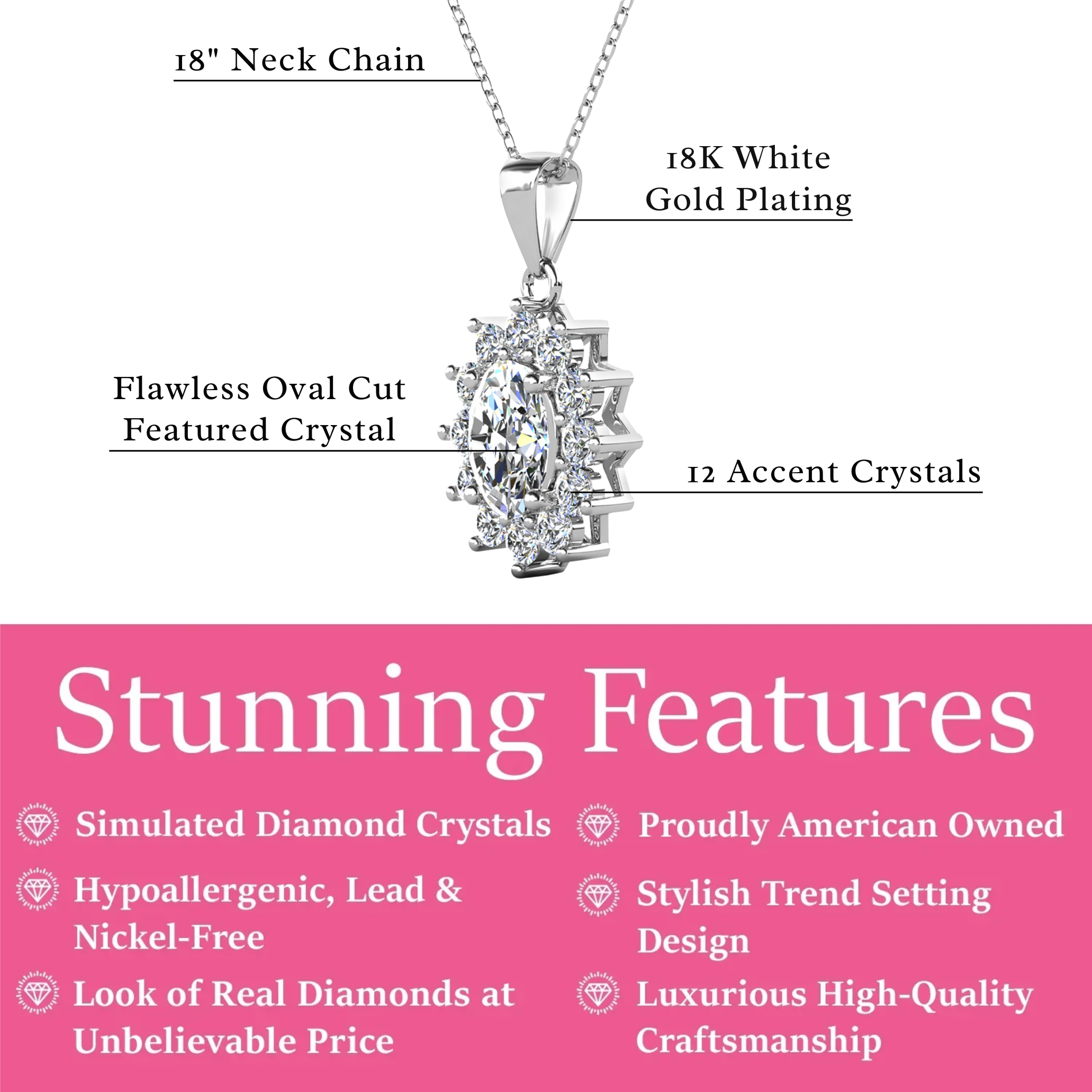 Sage 18k White Gold Plated Pendant Necklace with Oval Cut Simulated Diamond Crystals