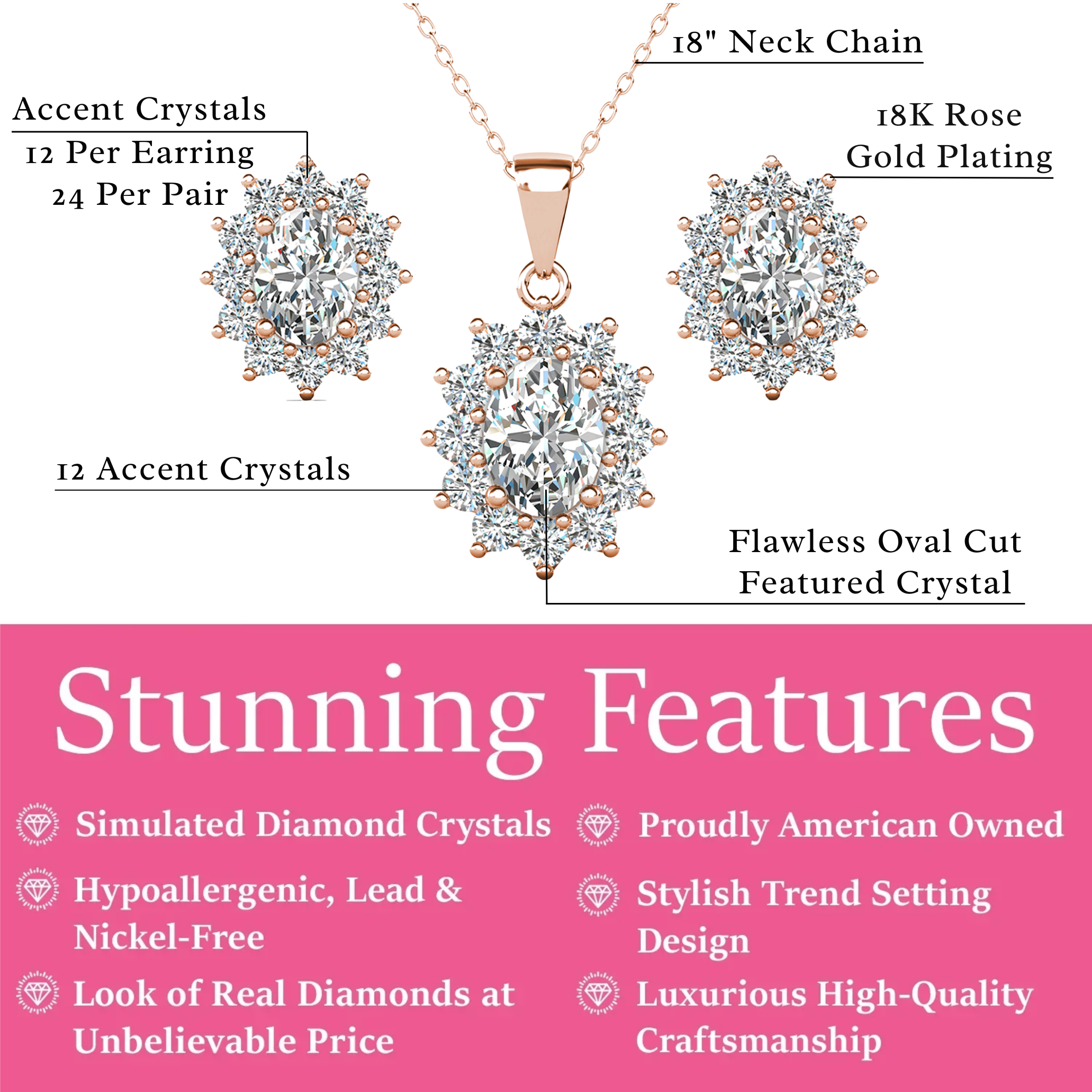 Sage 18k White Gold Plated Stud Earrings and Necklace Set with Oval Cut Simulated Diamond Crystals