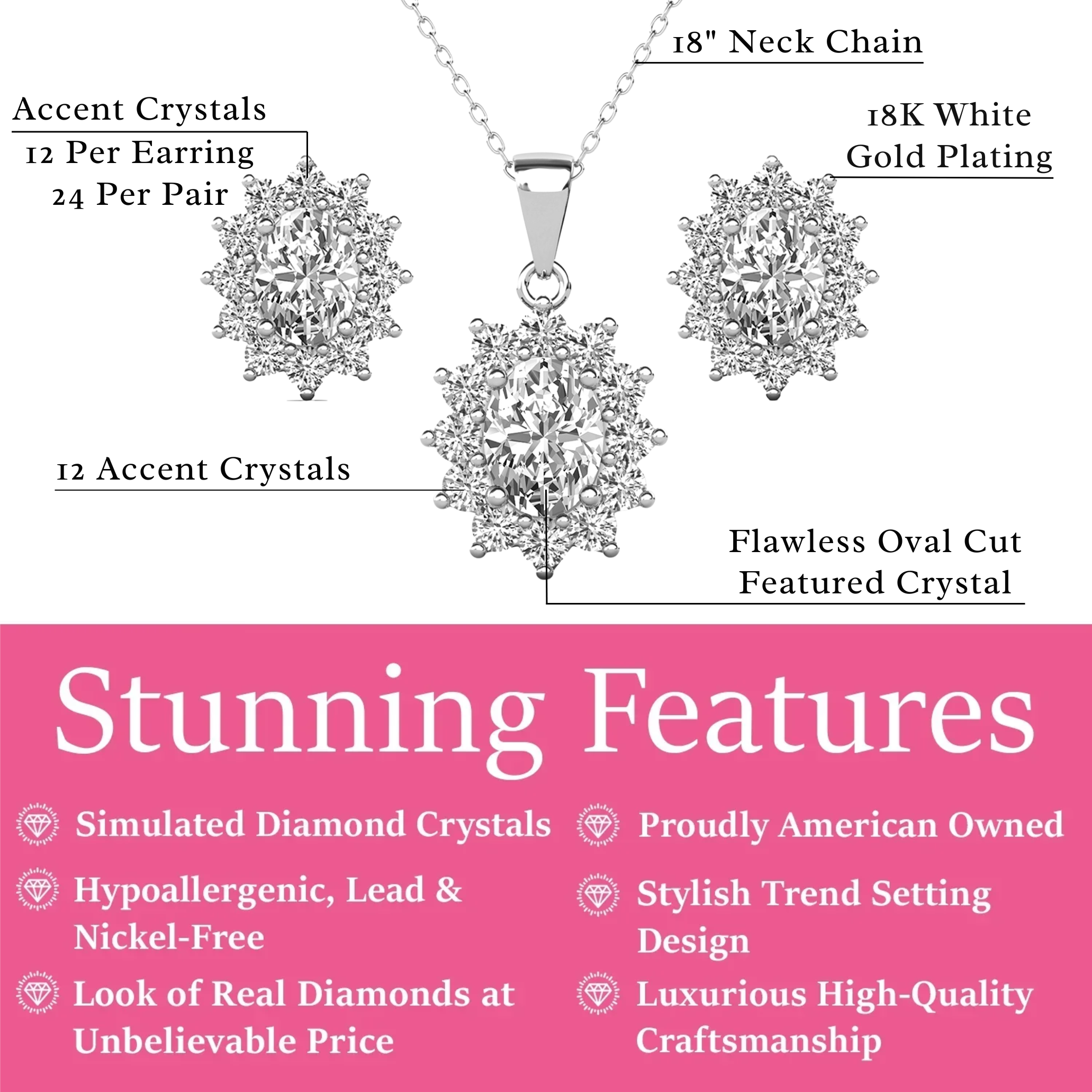 Sage 18k White Gold Plated Stud Earrings and Necklace Set with Oval Cut Simulated Diamond Crystals