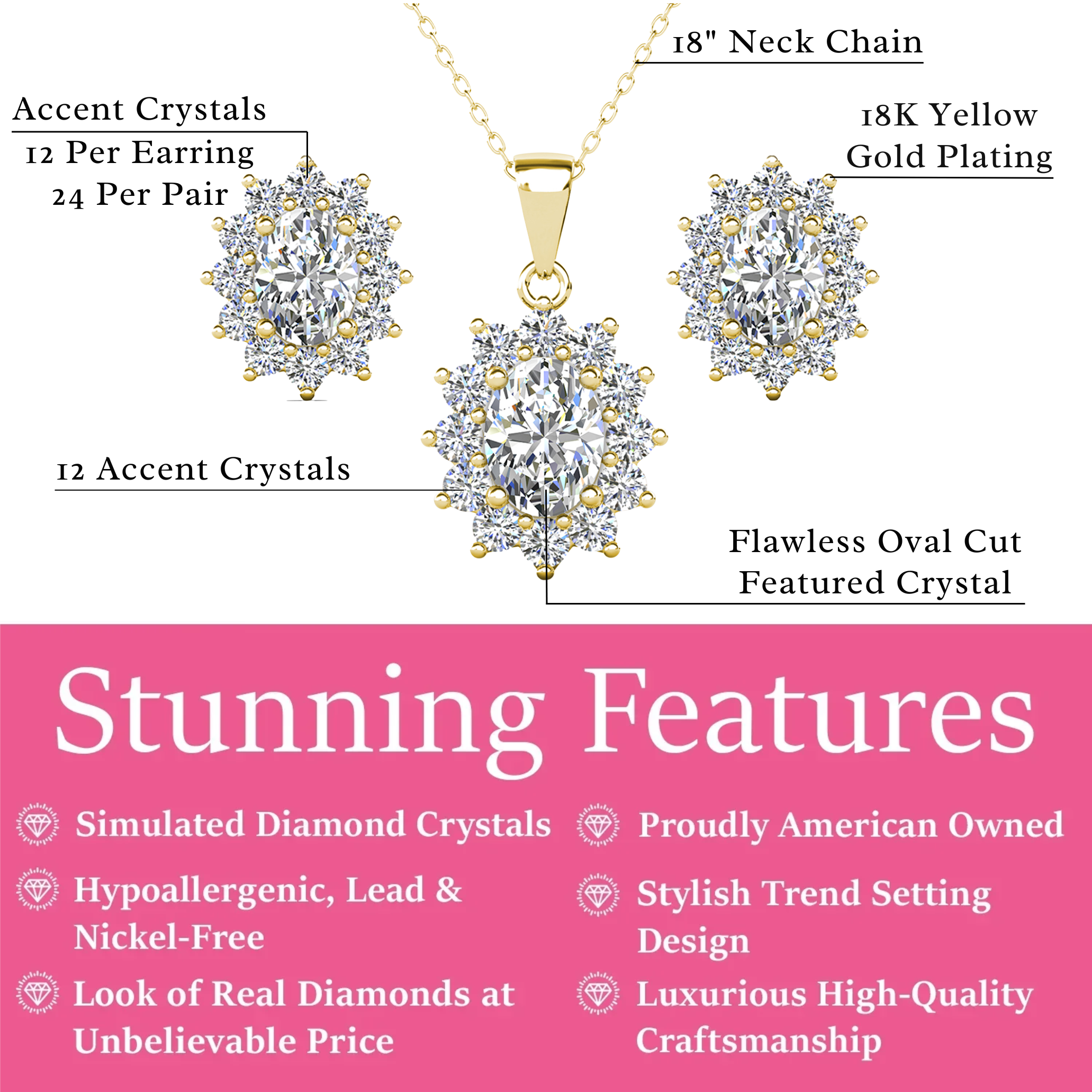 Sage 18k White Gold Plated Stud Earrings and Necklace Set with Oval Cut Simulated Diamond Crystals