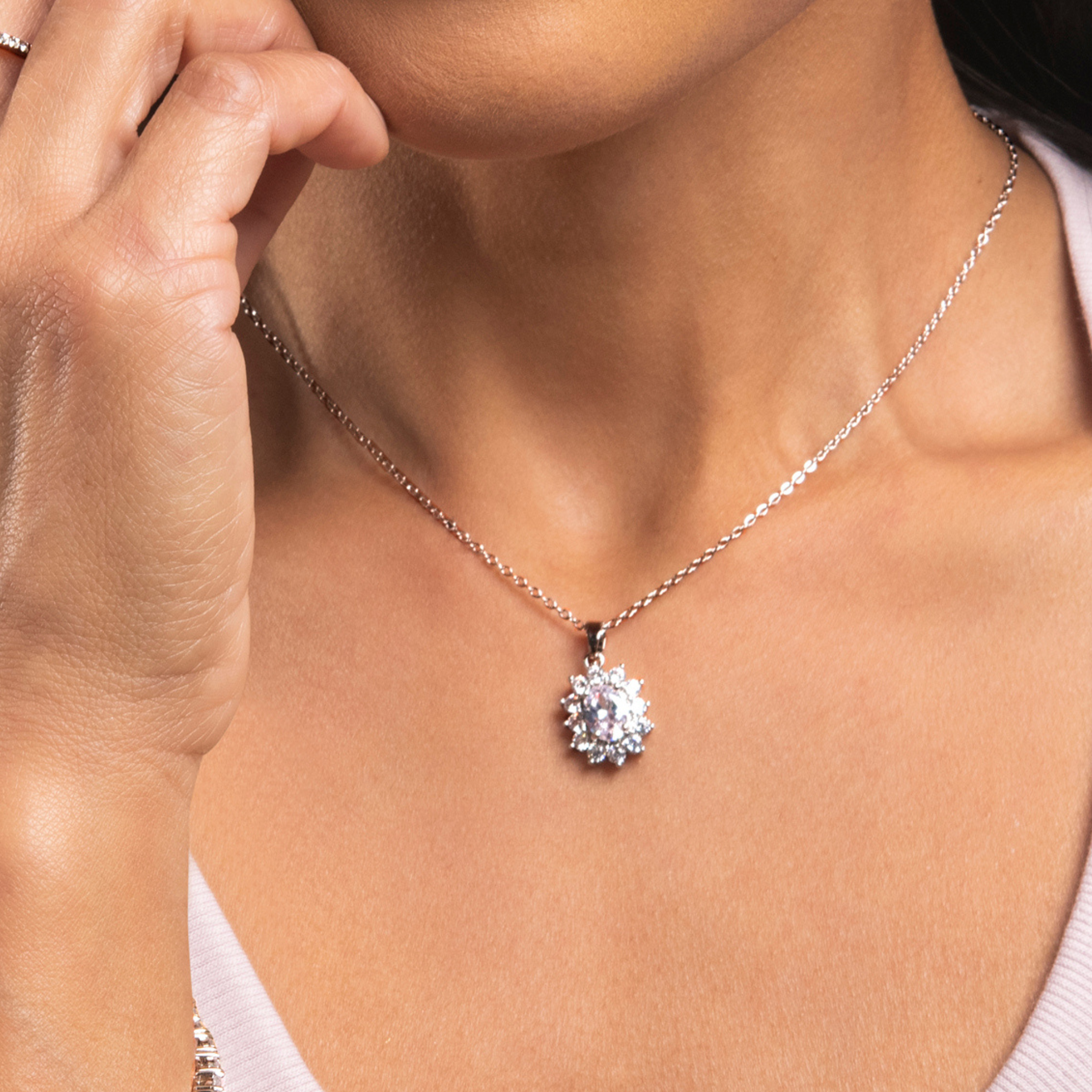 Sage 18k White Gold Plated Pendant Necklace with Oval Cut Simulated Diamond Crystals - FAB FAV