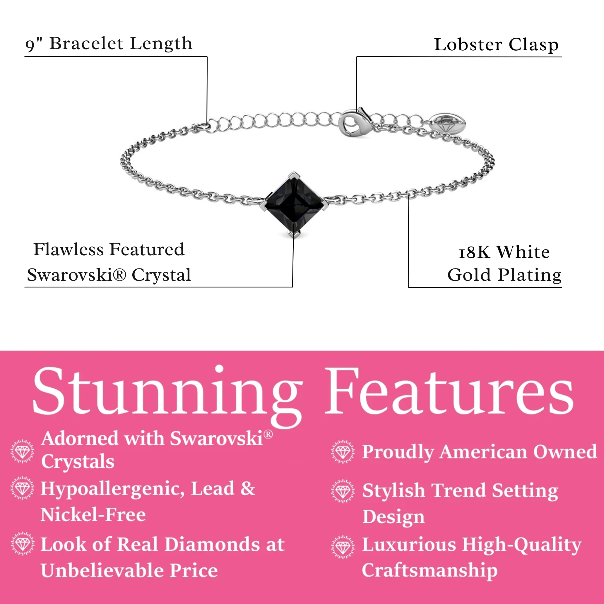 Samantha 18k White Gold Plated Bracelet with Black Swarovski Crystal