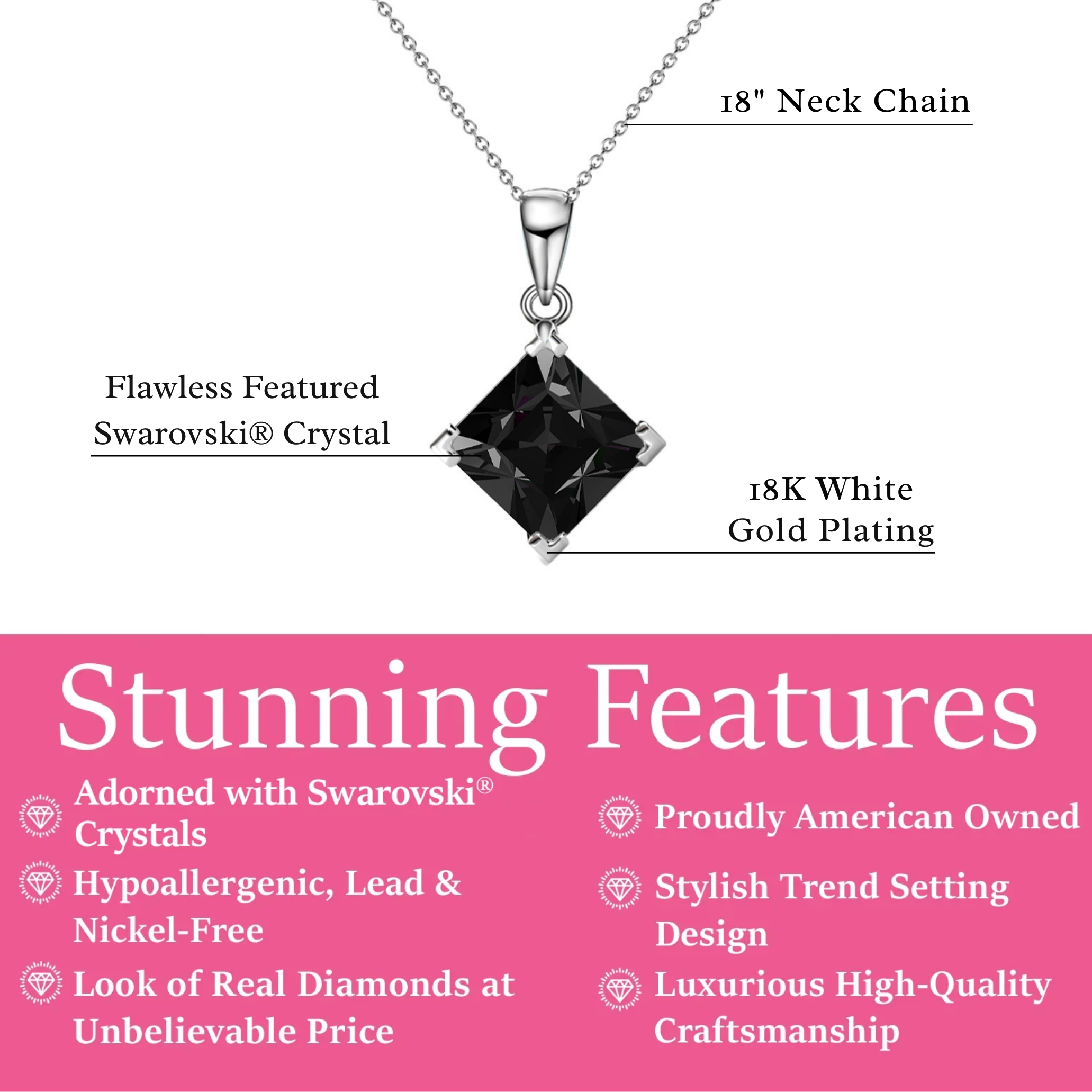 Samantha 18k White Gold Plated Pendant Necklace with Black Swarovski Crystal