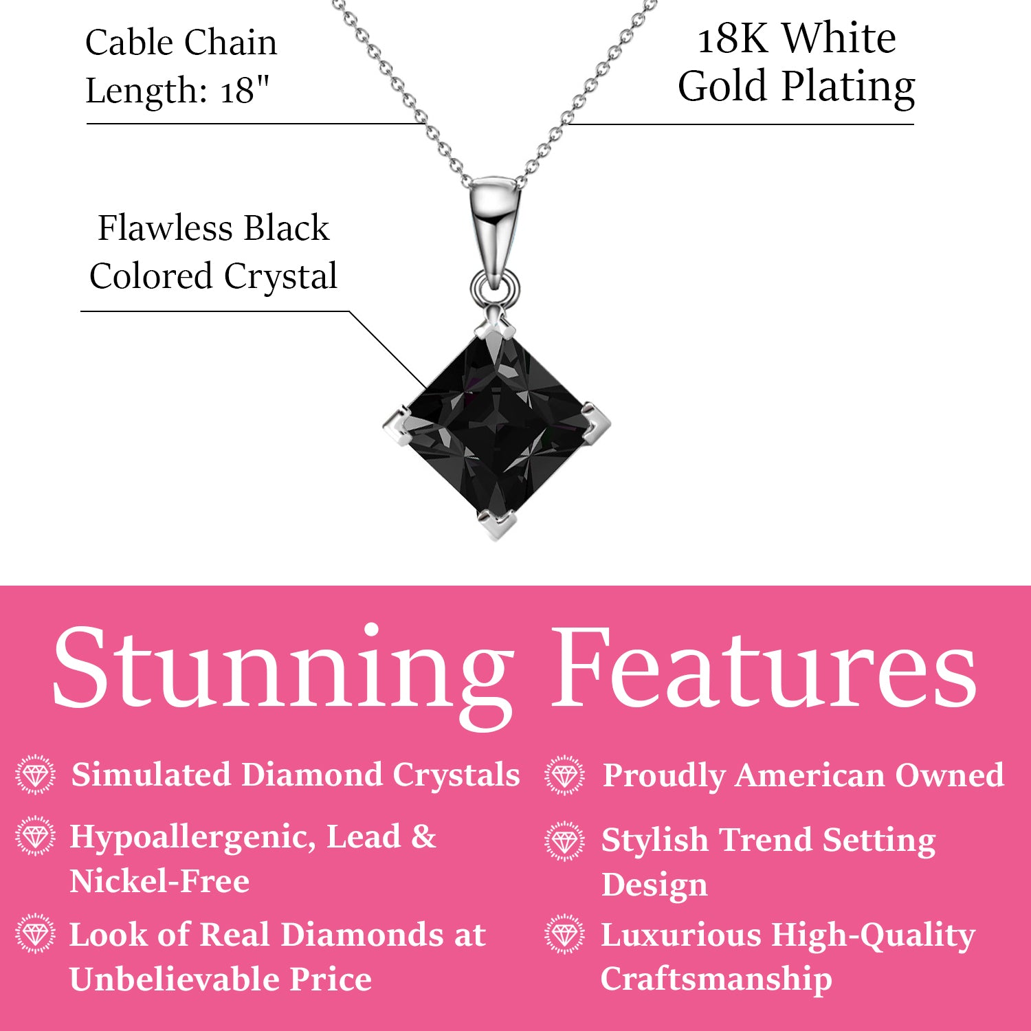 Samantha 18k White Gold Plated Princess Cut Solitaire Necklace with Black Crystal