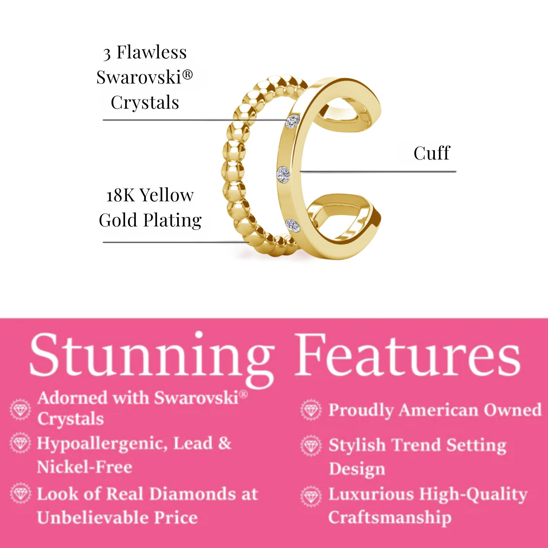 Sasha 18k White Gold Plated 10mm Hoop Ear Cuff with Swarovski Crystals