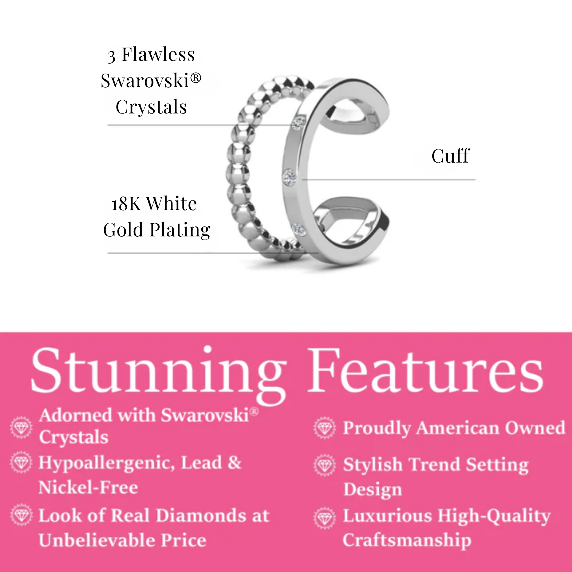 Sasha 18k White Gold Plated 10mm Hoop Ear Cuff with Swarovski Crystals