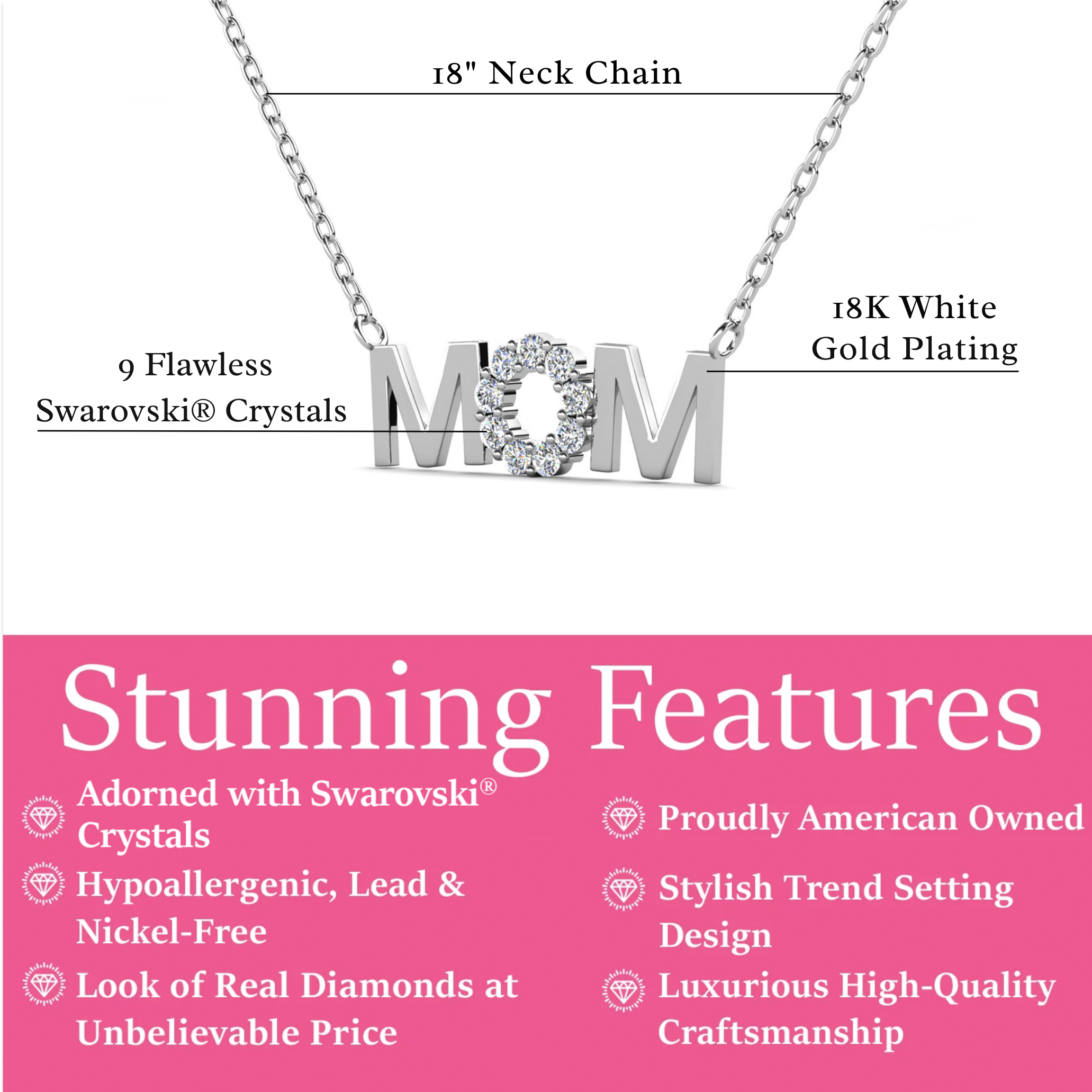 Savannah 18k White Gold Plated Mom Necklace with Swarovski Crystals