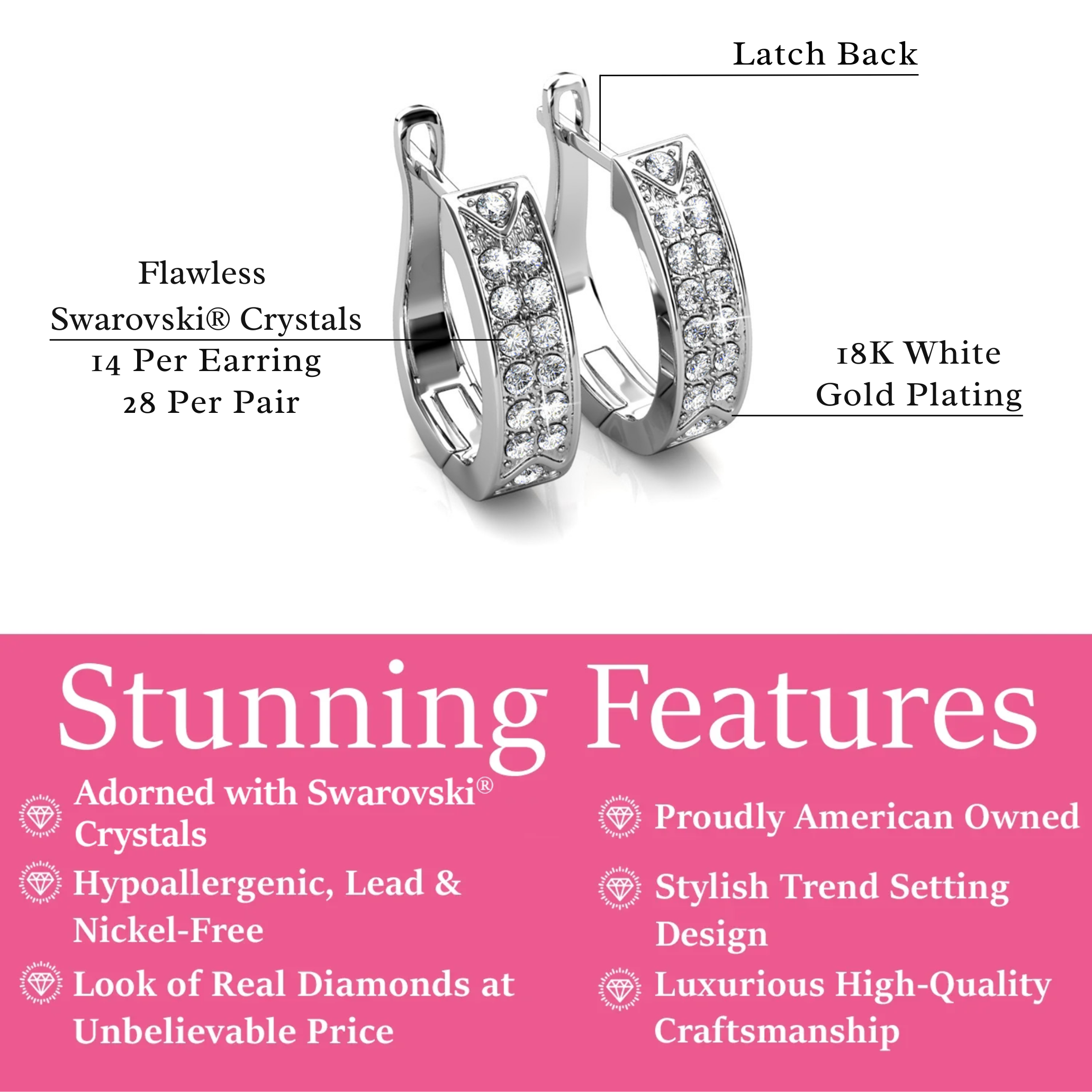 Sawyer 18k White Gold Plated 16mm Crystal Hoop Earrings with Swarovski Crystals