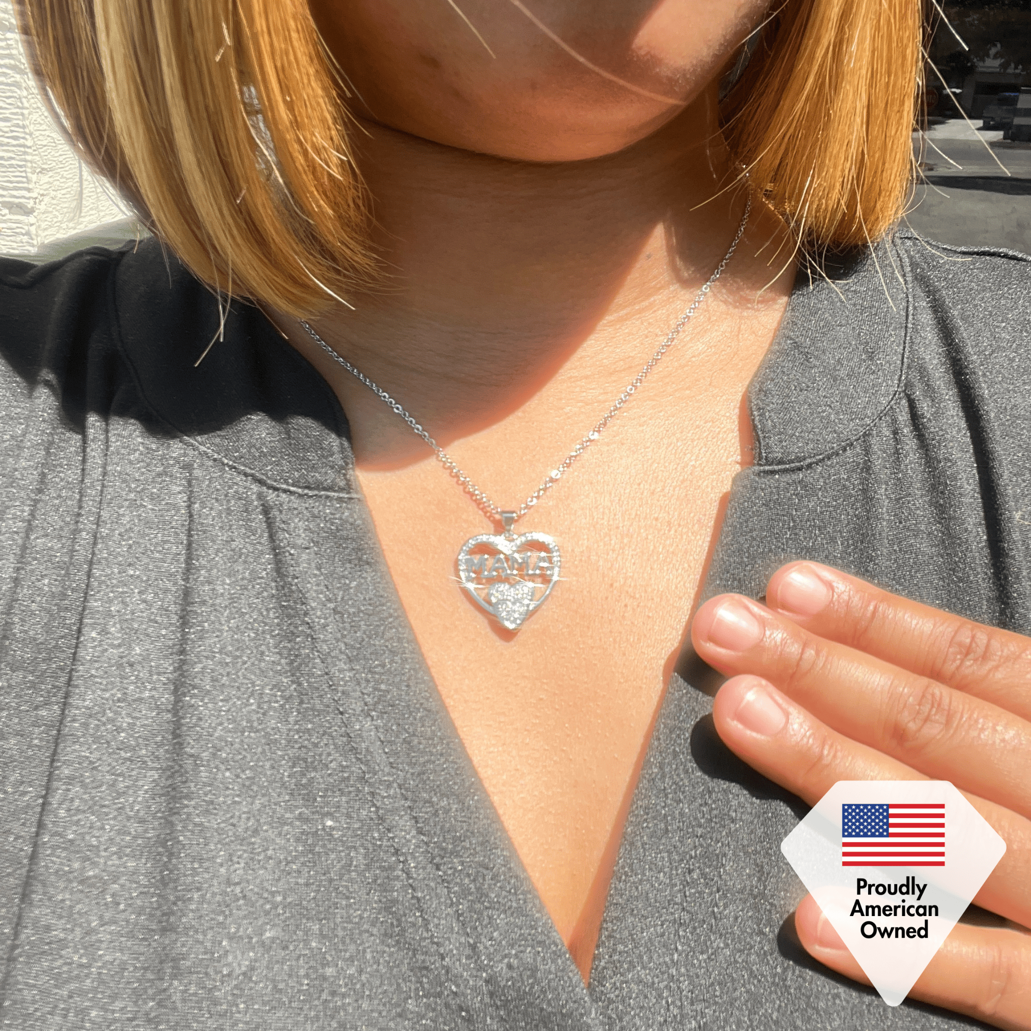 Selena 18k White Gold Plated Mama Heart Pendant Necklace with Simulated Diamond Crystals