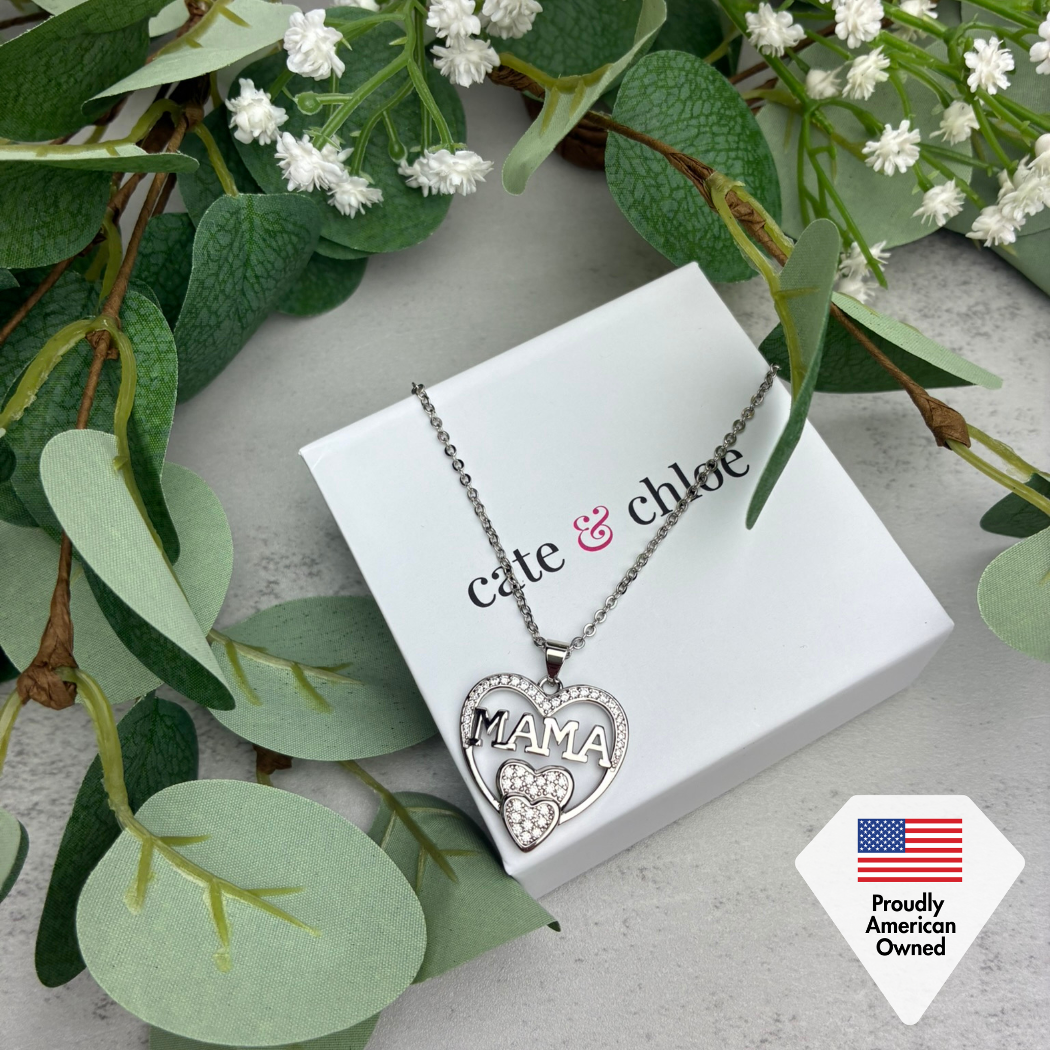 Selena 18k White Gold Plated Mama Heart Pendant Necklace with Simulated Diamond Crystals