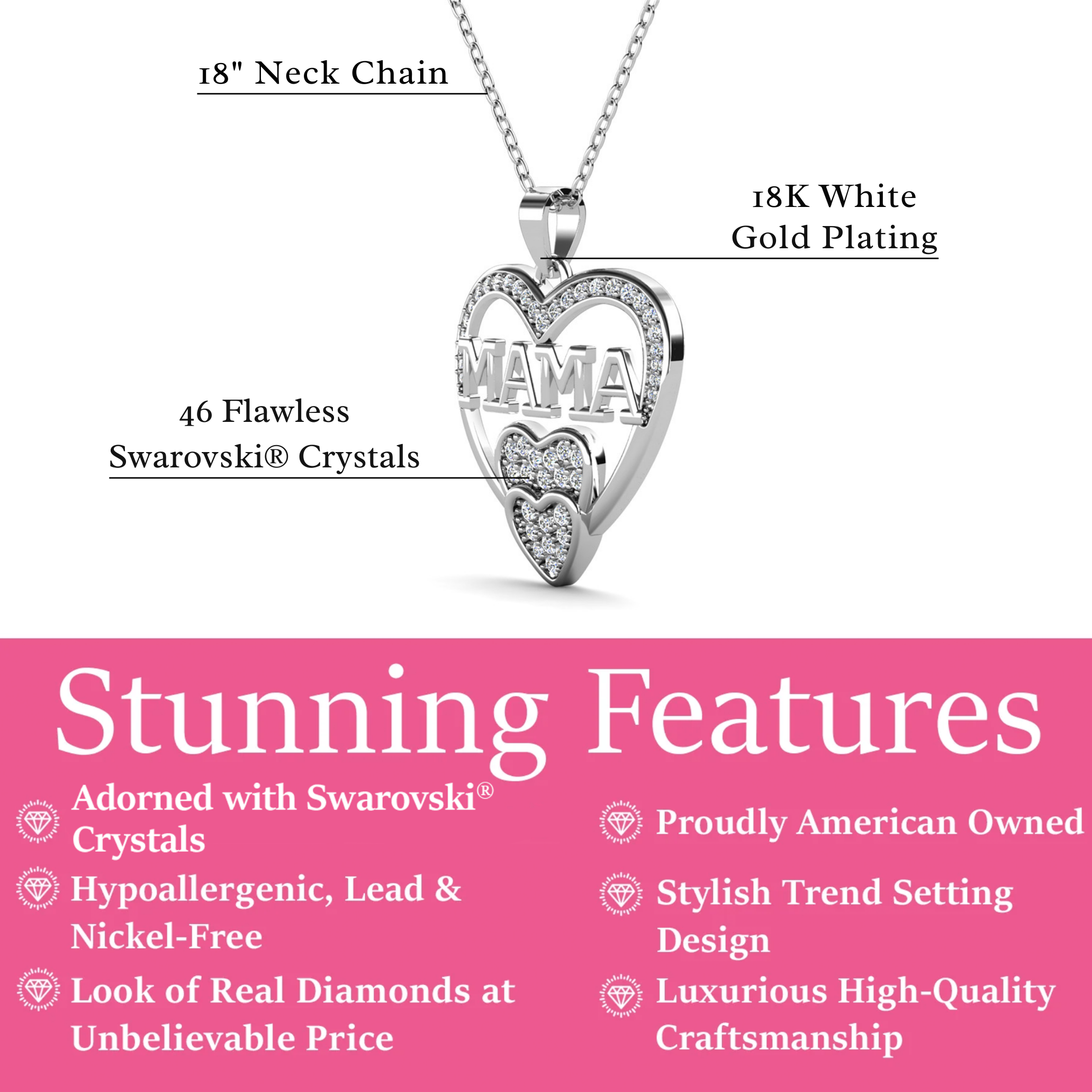 Selena 18k White Gold Plated Mama Necklace with Swarovski Crystals & Heartfelt Message for Mom