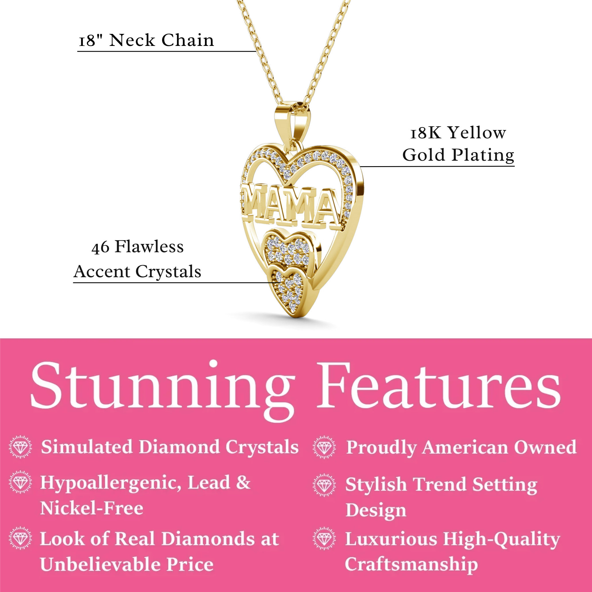 Selena 18k White Gold Plated Mama Heart Pendant Necklace with Simulated Diamond Crystals