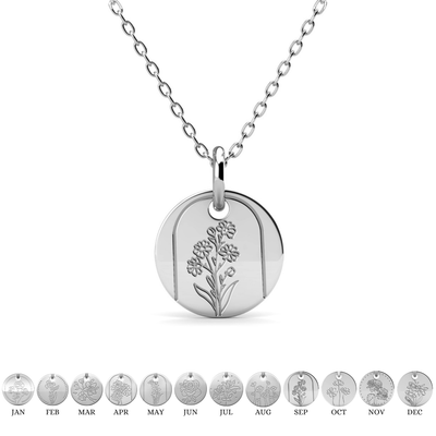 Floral 18k White Gold Plated Engraved Birth Month Flower Pendant Necklace - September - Aster