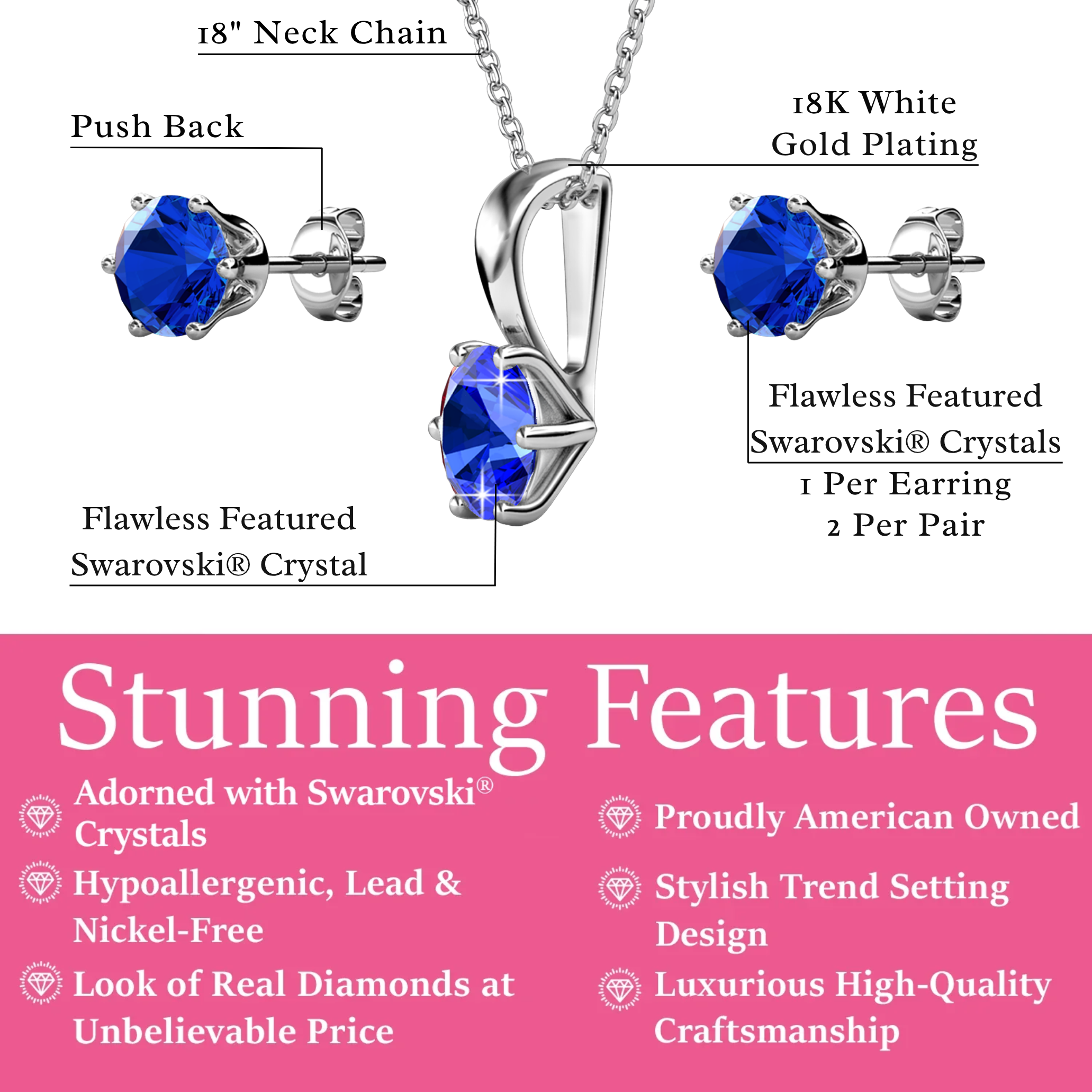 Birthstone 18k White Gold Plated Stud Earrings and Necklace Set with 1ct Swarovski Crystals