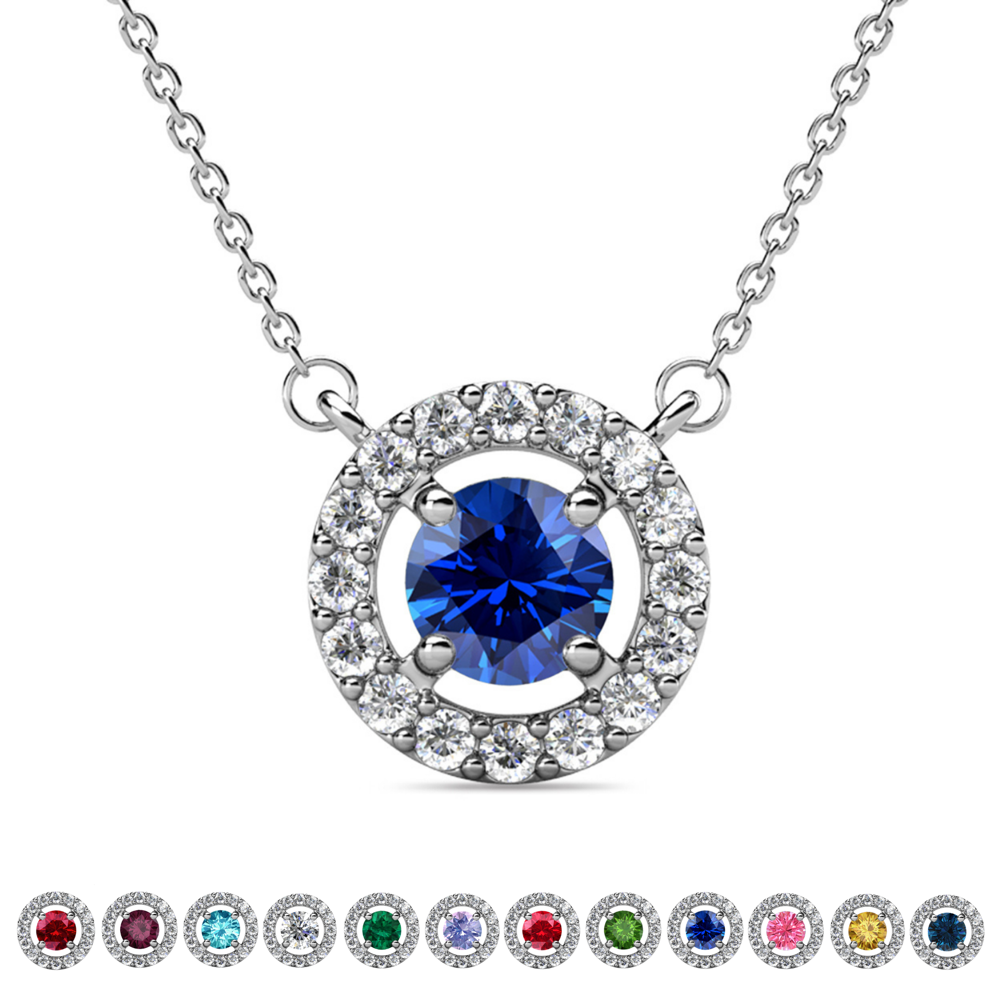 Royal Birthstone 18k White Gold Plated Halo Necklace with Round Cut Swarovski Crystals