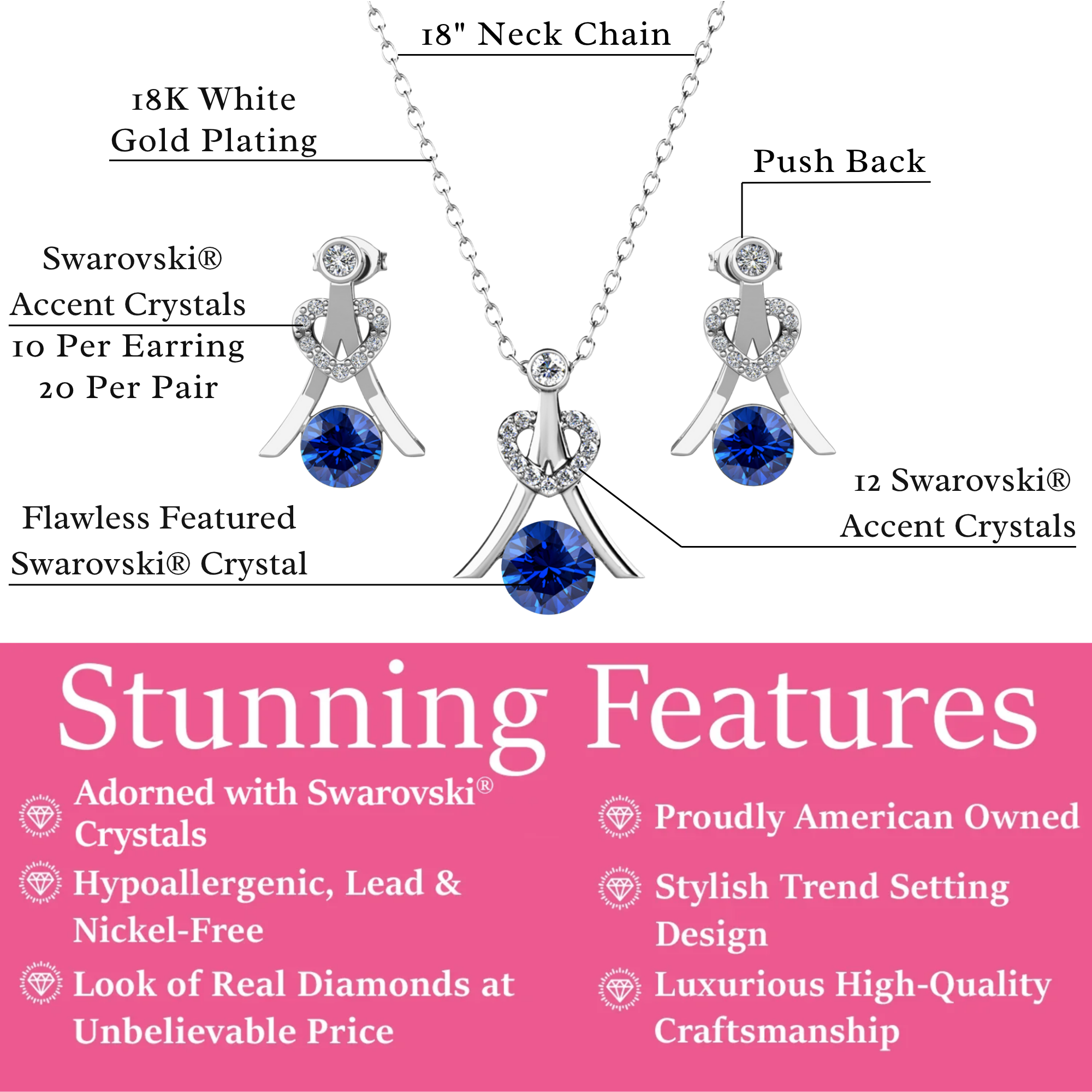 Serenity Birthstone 18k White Gold Plated Drop Earrings and Necklace Set with Swarovski Crystals