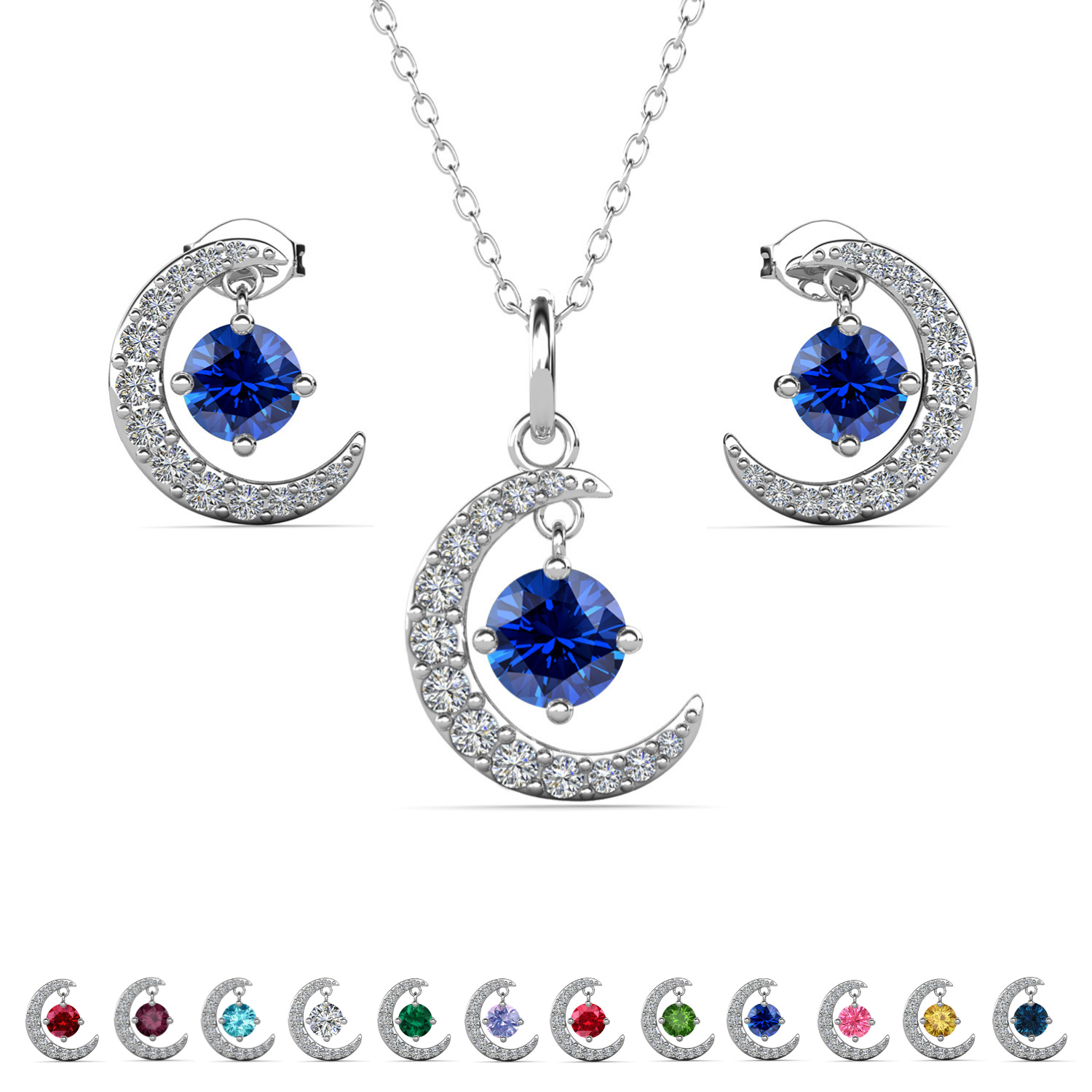 Luna Birthstone 18k White Gold Plated Silver Crescent Earrings and Necklace Set with Swarovski Crystals